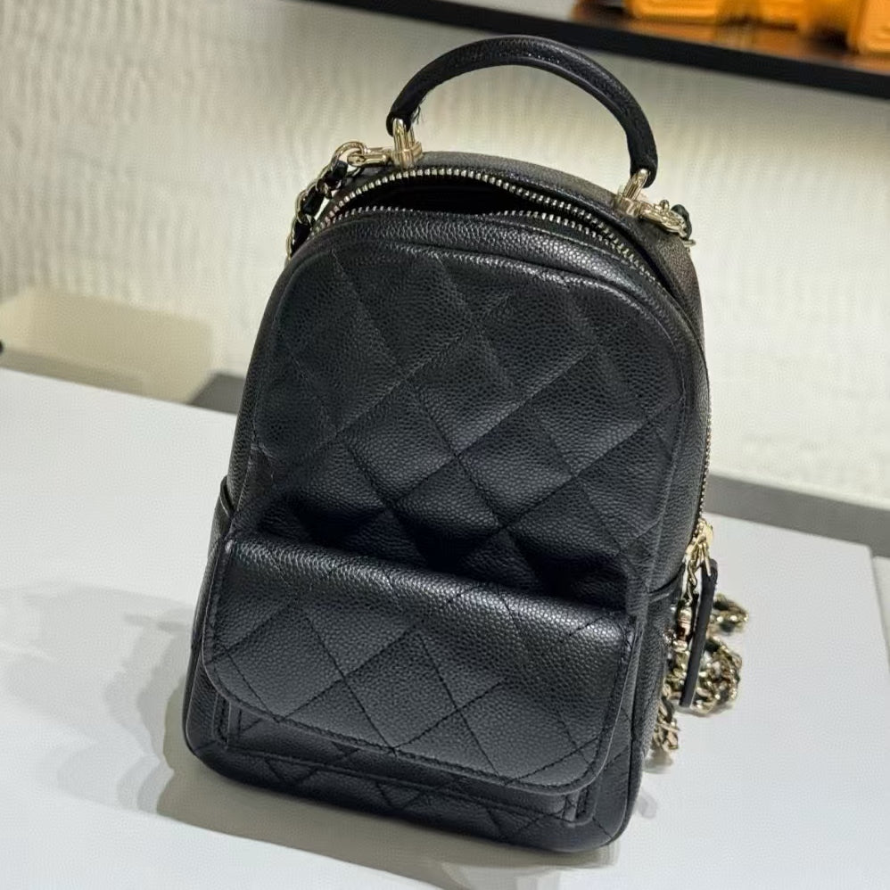 Girl Caviar Leather Backpack Vintage Style Calfskin Designer Shoulder Bag School Rucksack Luxury Chain Belt Gold Hardware Cross Body Bag Handbag Poc