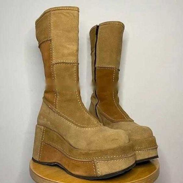 Vintage Rock Round Toe Platform Knee Women Boots Wedges High Heels Side Zipper Design Large Size Fashion Shoes