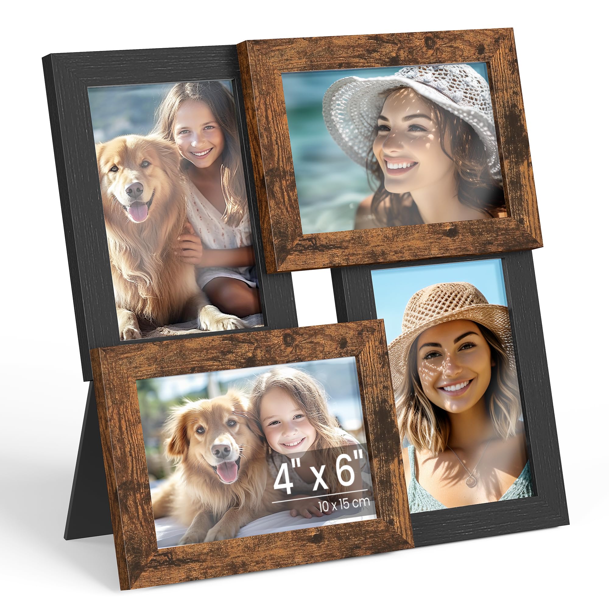 SONGMICS 4x6 Collage Picture Frames, Family Photo Collage Frame Set of 4 for Wall Decor, Glass Front, Wall Hanging or Tabletop, Ash Black and Rustic B