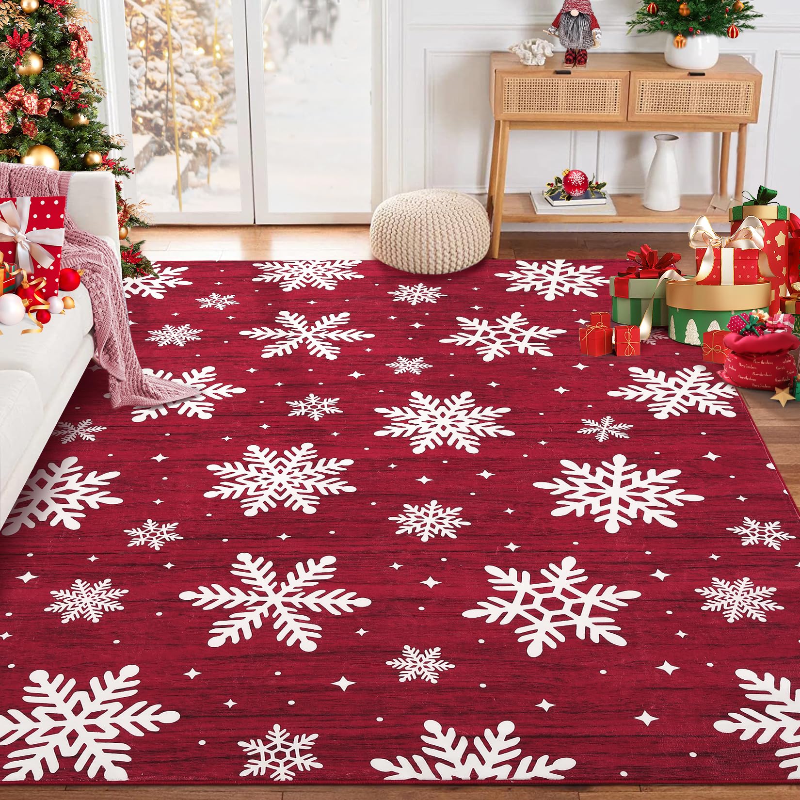 Garvee Christmas Themed Snow Print Area Rug Washable Non-Slip Soft Low Pile Indoor Decorative Floor Mat 6x9 Red Holiday Style