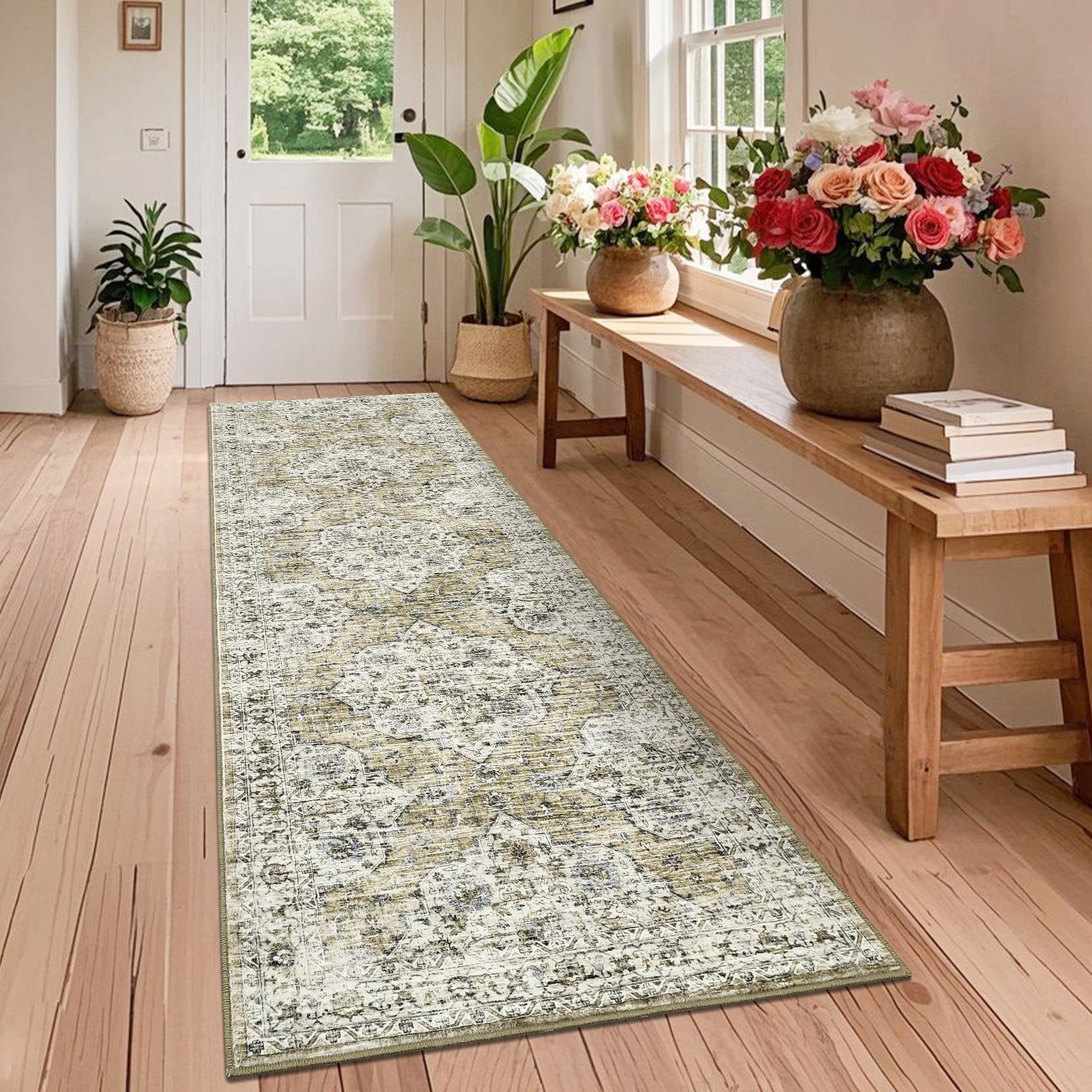Garvee 2x6 Vintage Washable Rug Non-Slip Floral Runner for Living Room Brown Low Pile Foldable Carpet