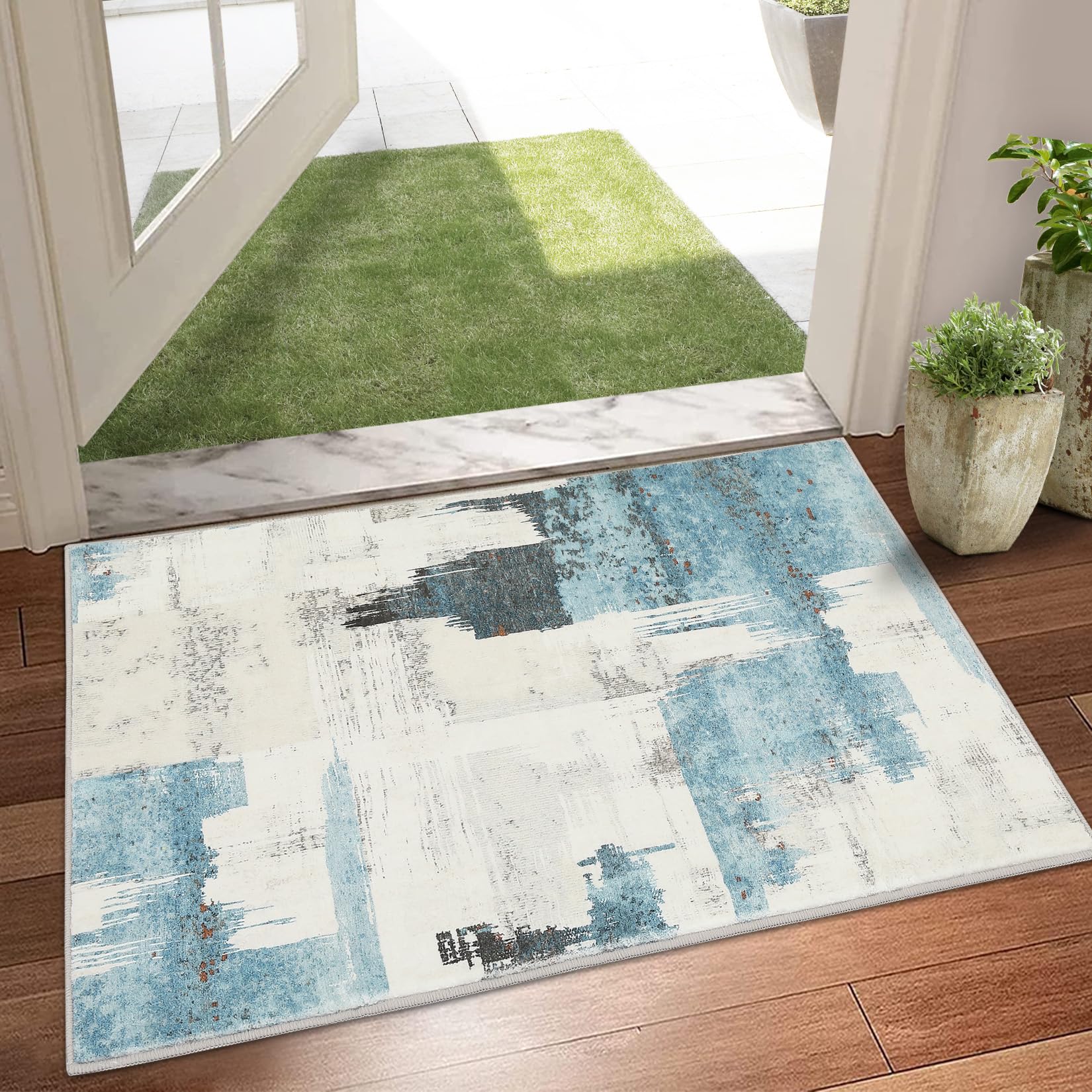 Garvee Modern Abstract Beige Blue Area Rug, 2x3 Stain Resistant Washable Floor Mat, Non-Shedding, Non-Slip Backing Carpet for Living Room Bedroom Dini