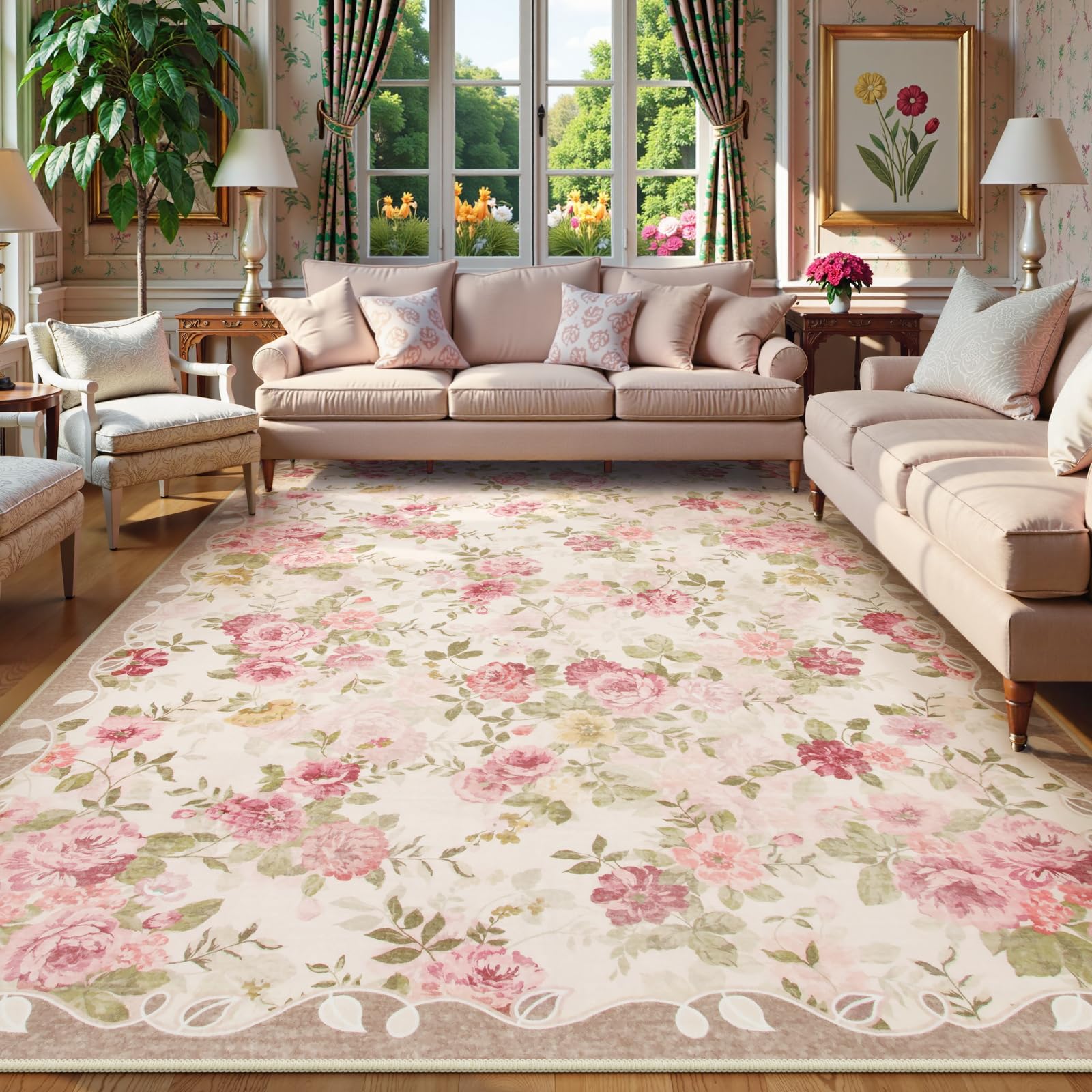 Lahome Vintage Floral 8x10 Area Rugs,Soft Living Room Rugs Boho Large Area Rug Machine Washable, Low Pile Pink Rugs for Bedroom Girls Carpet for Nurse