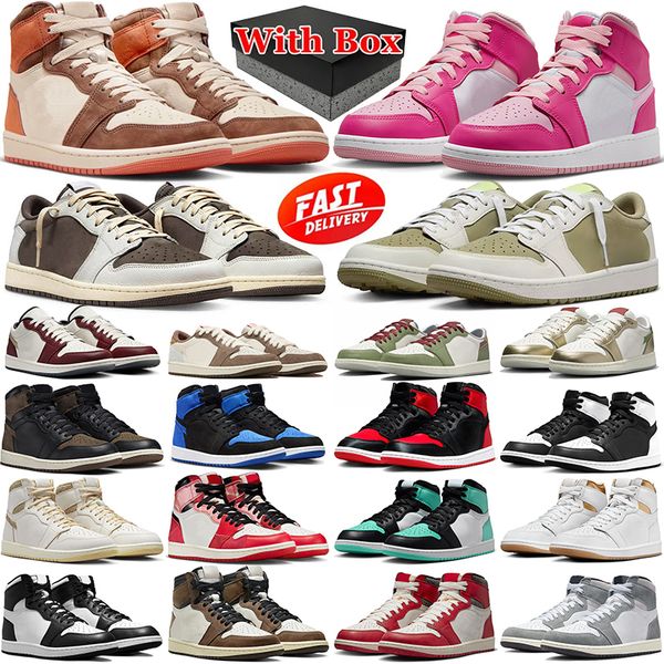 With Box designer basketball shoes golf shoes Reverse Mocha Fierce Pink chicago Royal Dusted Clay satin bred Olive sneakers women mens shoes