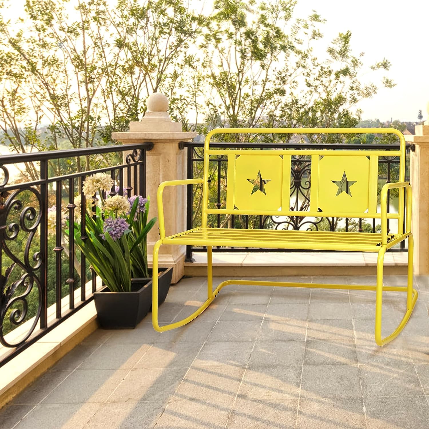 Garvee Outdoor Indoor Patio Rocking Chair，2-Person Patio Swing Iron Frame Rocking Chair with Star Design with 250LBS Support for Backyard (Lemon Yello
