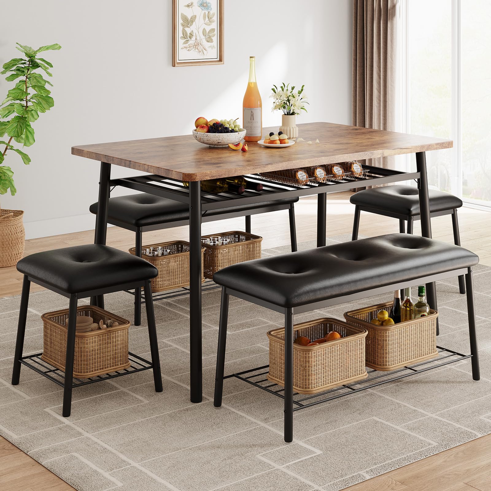Garvee 5-Piece Dining Table Set, Dinner Table Set with 2 Upholstered Bench and 2 Square Stools, Modern Kitchen Table Set for 4 with Storage Rack, Dini