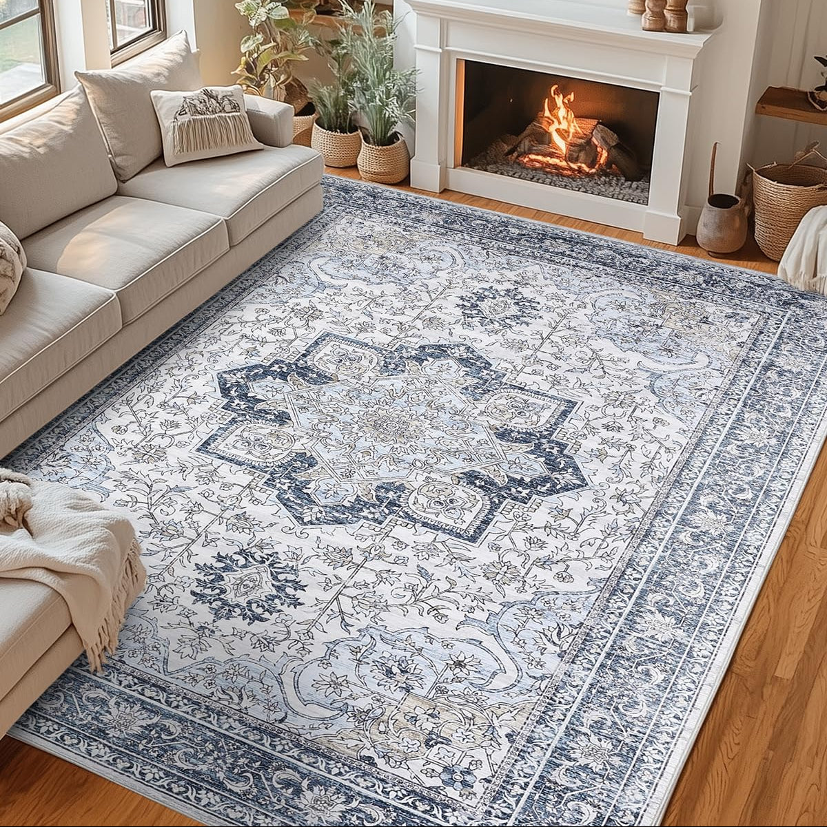 Garvee Machine Washable Rug 10x13 Light Blue Neutral Floral Vintage Area Rug for Living Room Bedroom Dining Room Non-Slip Floor Carpet Runner