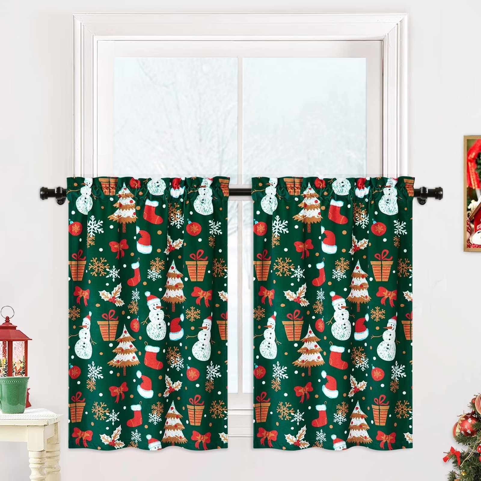 Garvee Christmas Tier Curtains, 36-Inch Length Christmas Snow Man Window Curtains, Boho Xmas Short Curtains for Window Kitchen Living Room Bathroom Ho