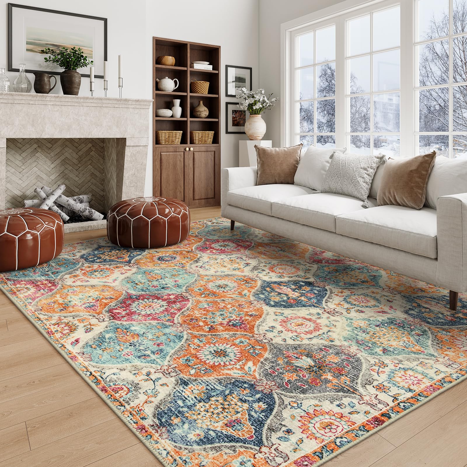 Lahome Moroccan 5x8 Area Rug, Ultra-Thin Washable Rugs for Living Room Bedroom, Soft Large Oriental Non-Slip Non Shedding Throw Large Carpet for Dinin