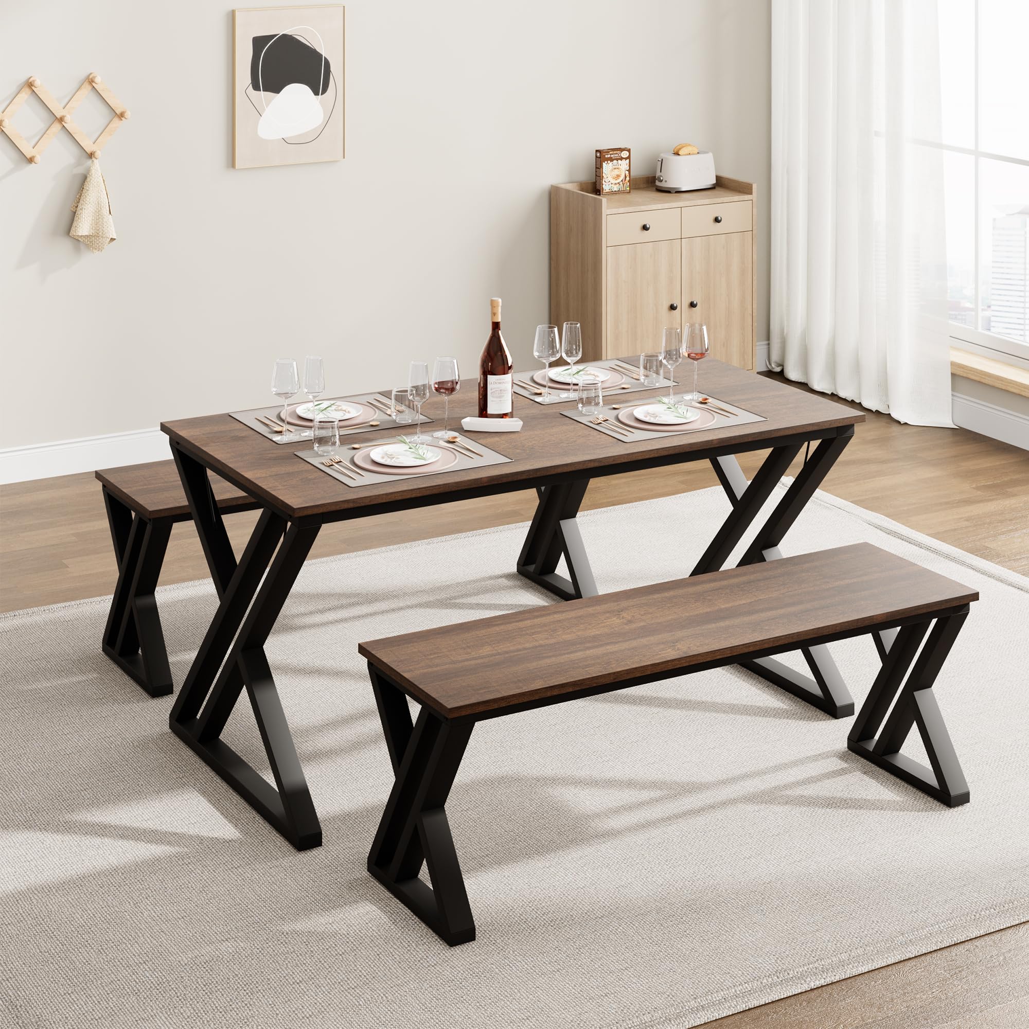 Garvee Kitchen Table Set for 4 with Benches + X-Shaped Metal Frame + Space-Saving Design + MDF Tabletop + Versatile Use + Ideal for Small Spaces