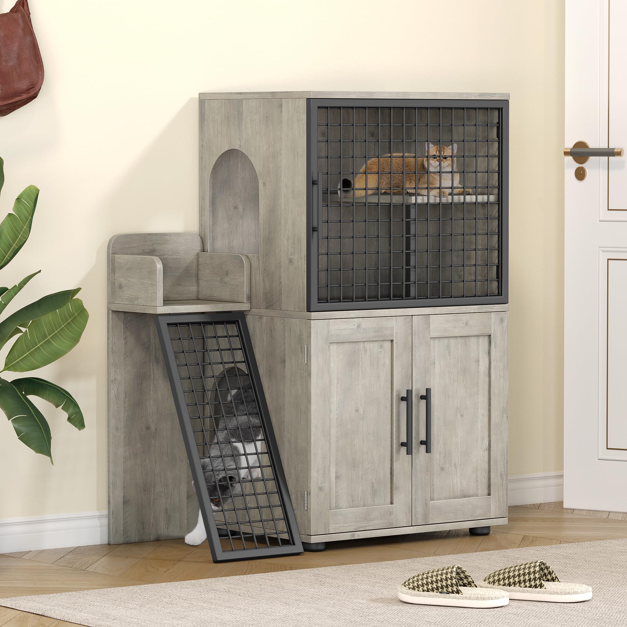 Garvee Modern Villa Cat Litter Box Enclosure with Platform, Double Layer, MDF Panel, Ladder, Hidden Washroom, 33.5"L x 17.9"W x 41.9"H, Grey, Indoor U