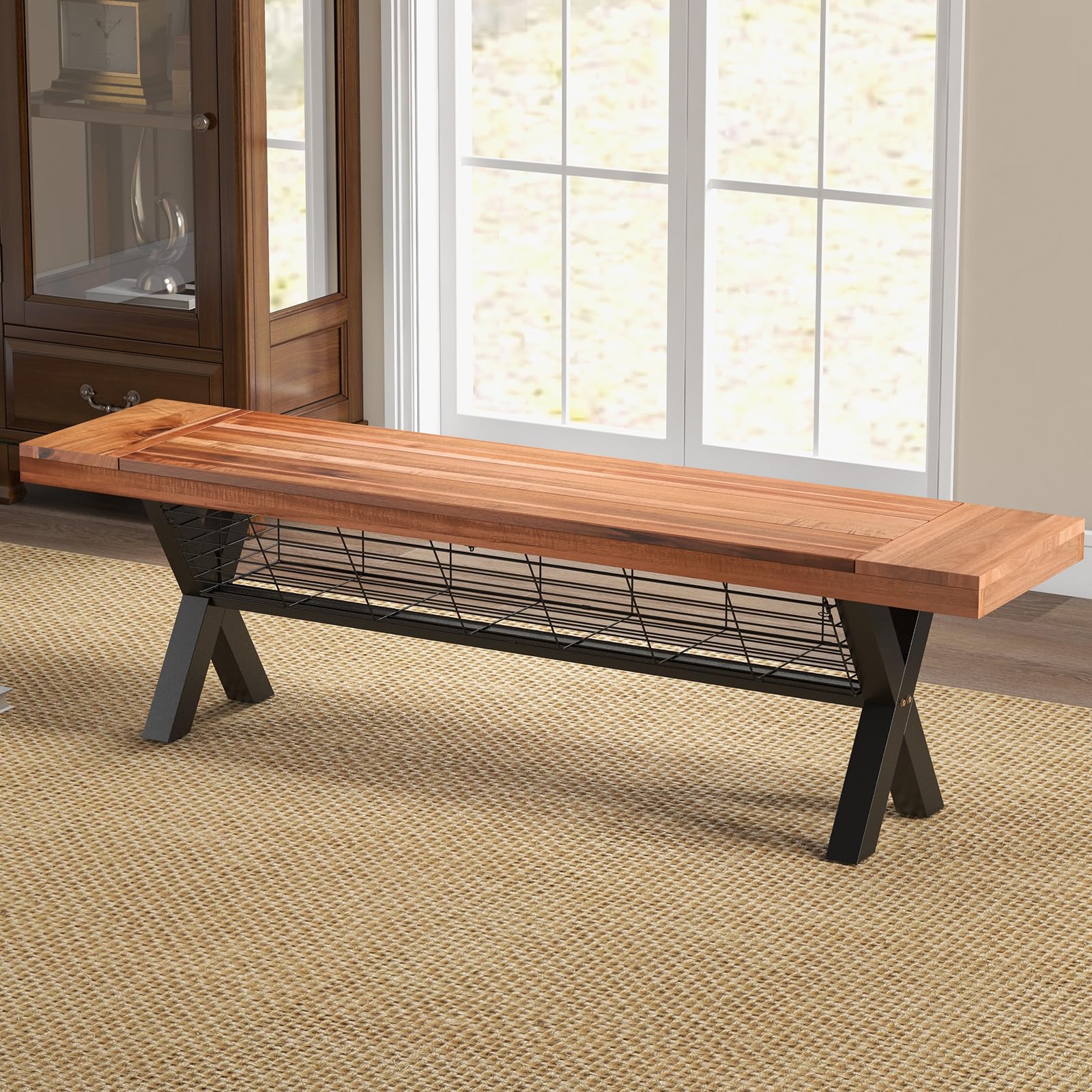 Garvee Outdoor Acacia Wood Bench with Storage,Teak Finish-Rustic Meta62.99 D x 14.37" W x 16.92" H Rectangular Picnic Furniture Dining Bench Seating