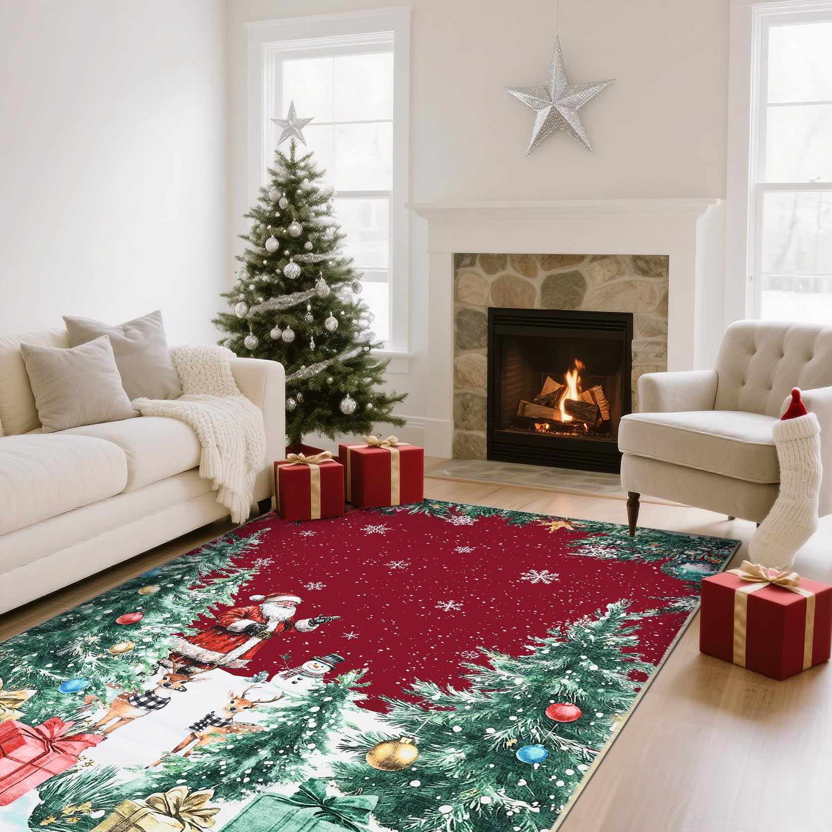 Garvee 5x7 Modern Red Christmas Rug with Snow & Tree Print Ultra-Soft Thin Floor Mat Non-Slip Washable for Bathroom Bedroom Living Room Decor