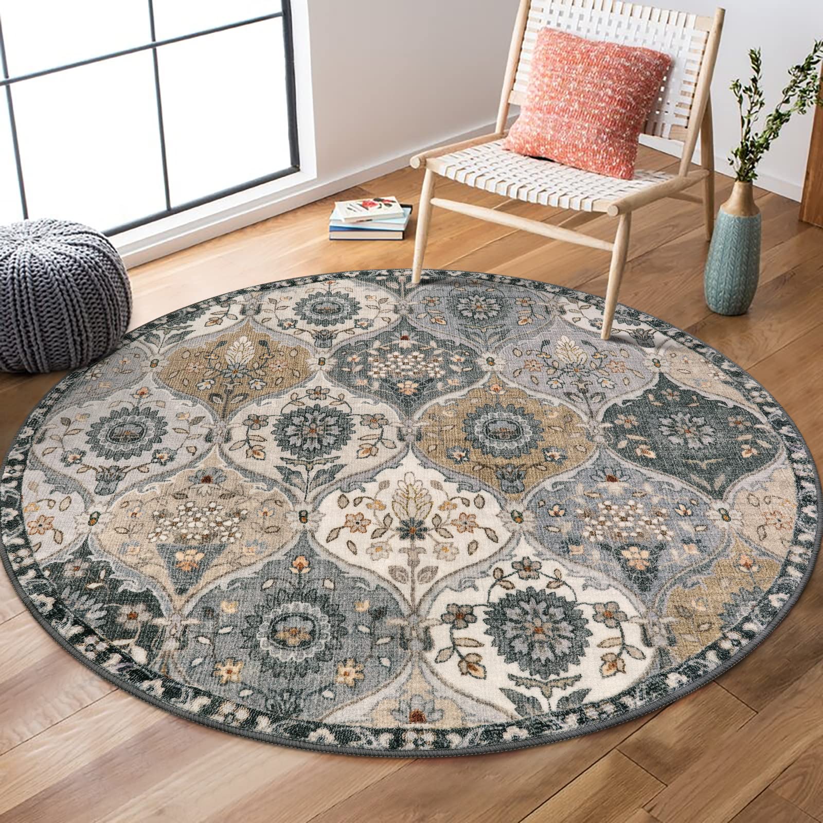 Lahome Moroccan Trellis Round Area Rugs, Washable Small Round Rug 3ft Non-Slip, Soft Vintage Ultra-Thin Circle Carpet for Bedroom Entryway Kitchen Lau