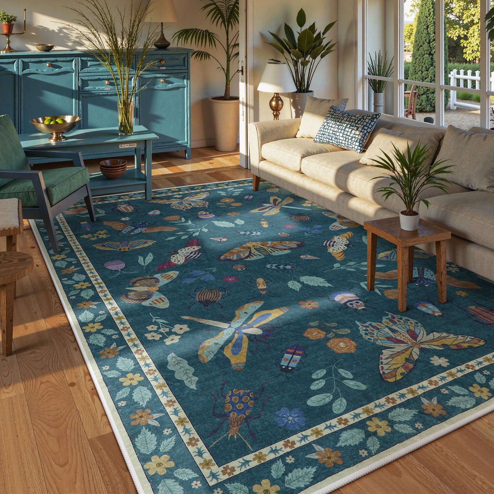 Lahome Insect Print Washable Rugs for Living Room, Soft Area Rug 6x9 Rug for Bedroom Ultra-Thin Non Slip Dining Room Rug, Stain Resistant Modern Rug L
