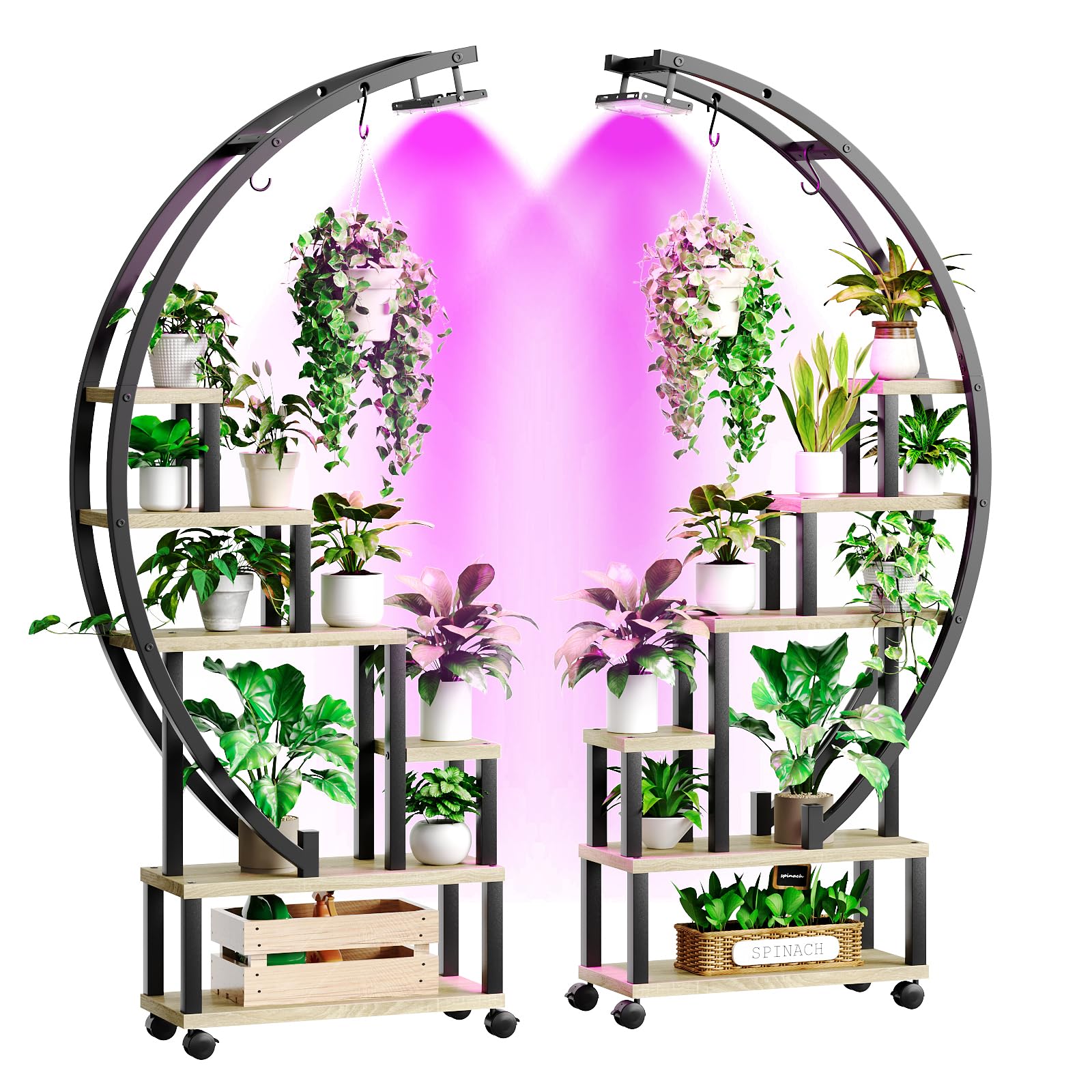 Bestier Plant Stand Indoor with Grow Lights, 6 Tiered Metal Plant Shelf with Wheels for Plants Multiple, Half-Moon Shape Plant Rack Display Shelf, Lar