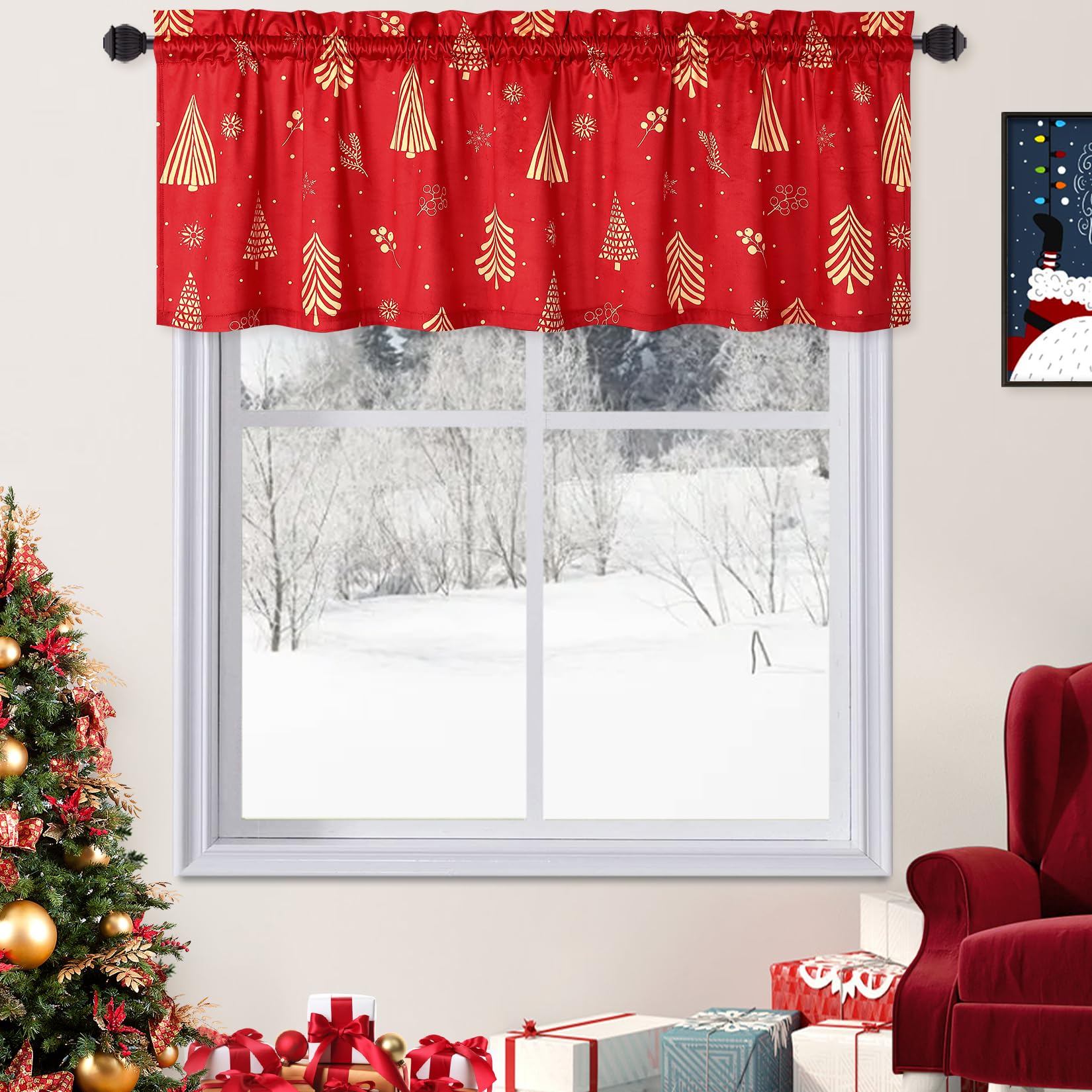Garvee Christmas Kitchen Valance Curtains for Windows, Velvet Short Curtains, Christmas Decoration Cafe Curtains, Thermal Insulated Room Darkening Cur