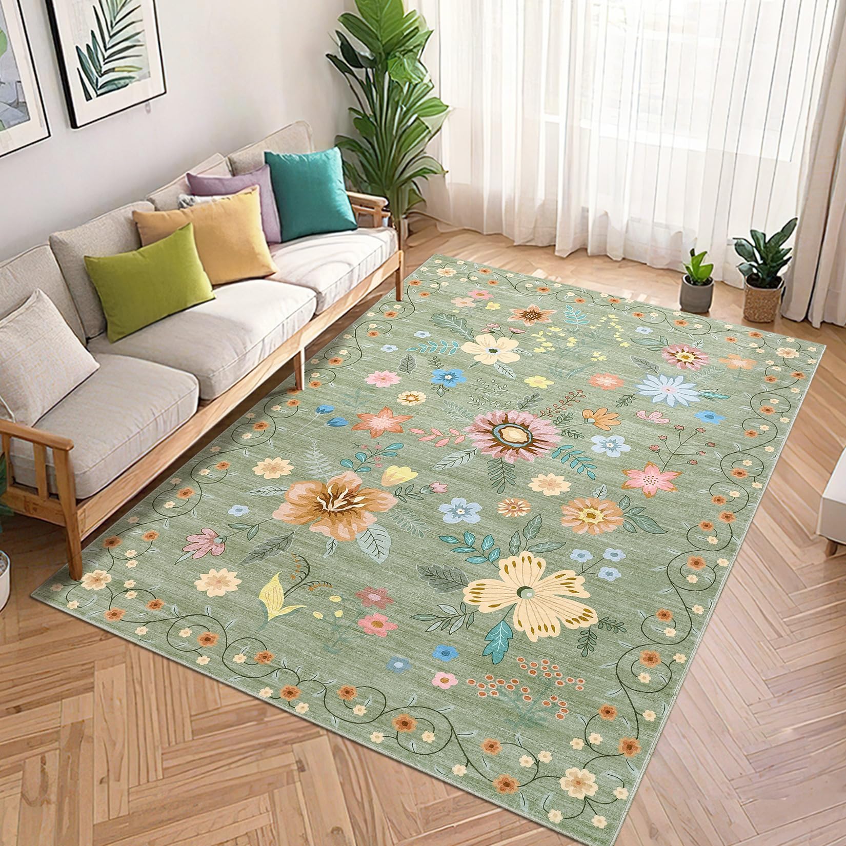Garvee 9x12 Area Rug Boho Floral Machine Washable Ultra-Thin Non Slip Low Pile Carpet Green for Living Room Bedroom Nursery