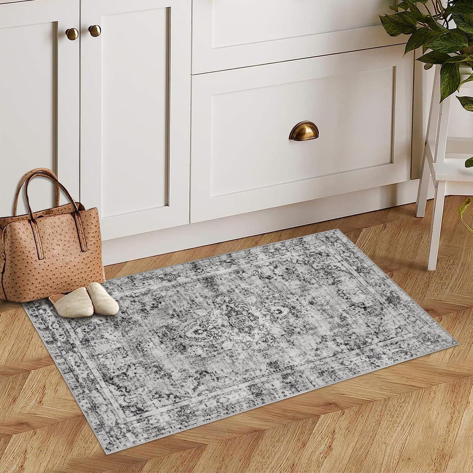 Garvee Washed Back Low Pile Area Rug 2x3ft Non Slip Washable Carpet for Living Room Bedroom Kitchen Grey