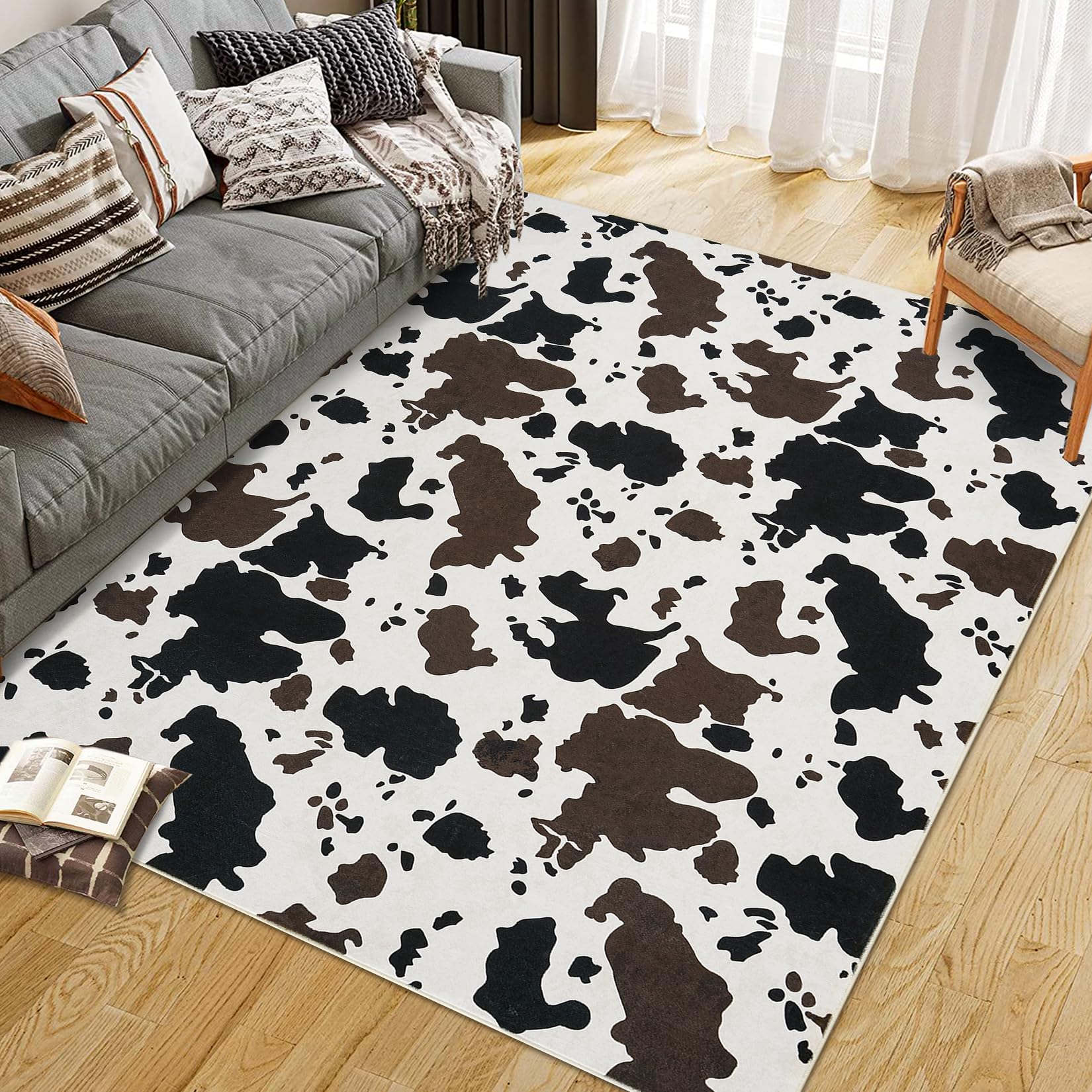 Garvee Wild Animal Milk Cow Print Washable Decorative Rug for Adults and Kids, Western Room Decor Carpet, 5x7ft, Brown and Tan