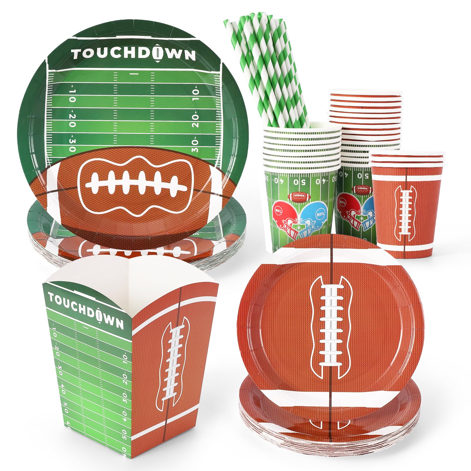Garvee 125 Pcs Football Plates and Napkins Set Serve 25, Football Disposable Tableware Set, Football Decorations Includes Plates, Cups, Snack Bowls, S