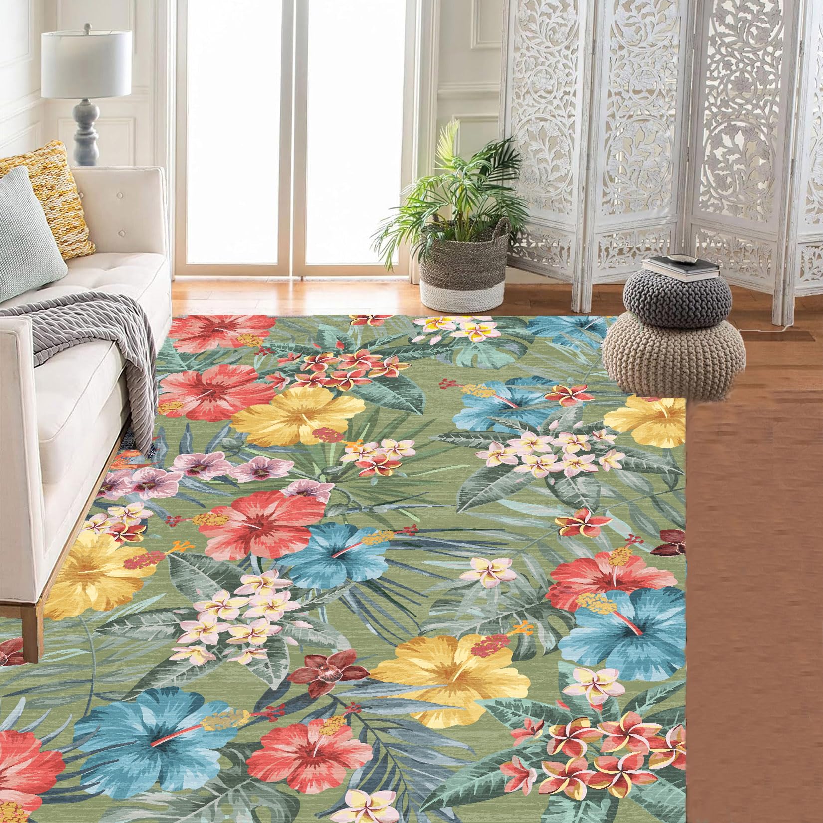 Garvee Bedroom Rug Washable Area Rug Non Slip Low Pile Boho Floral Carpet Green 10x13ft