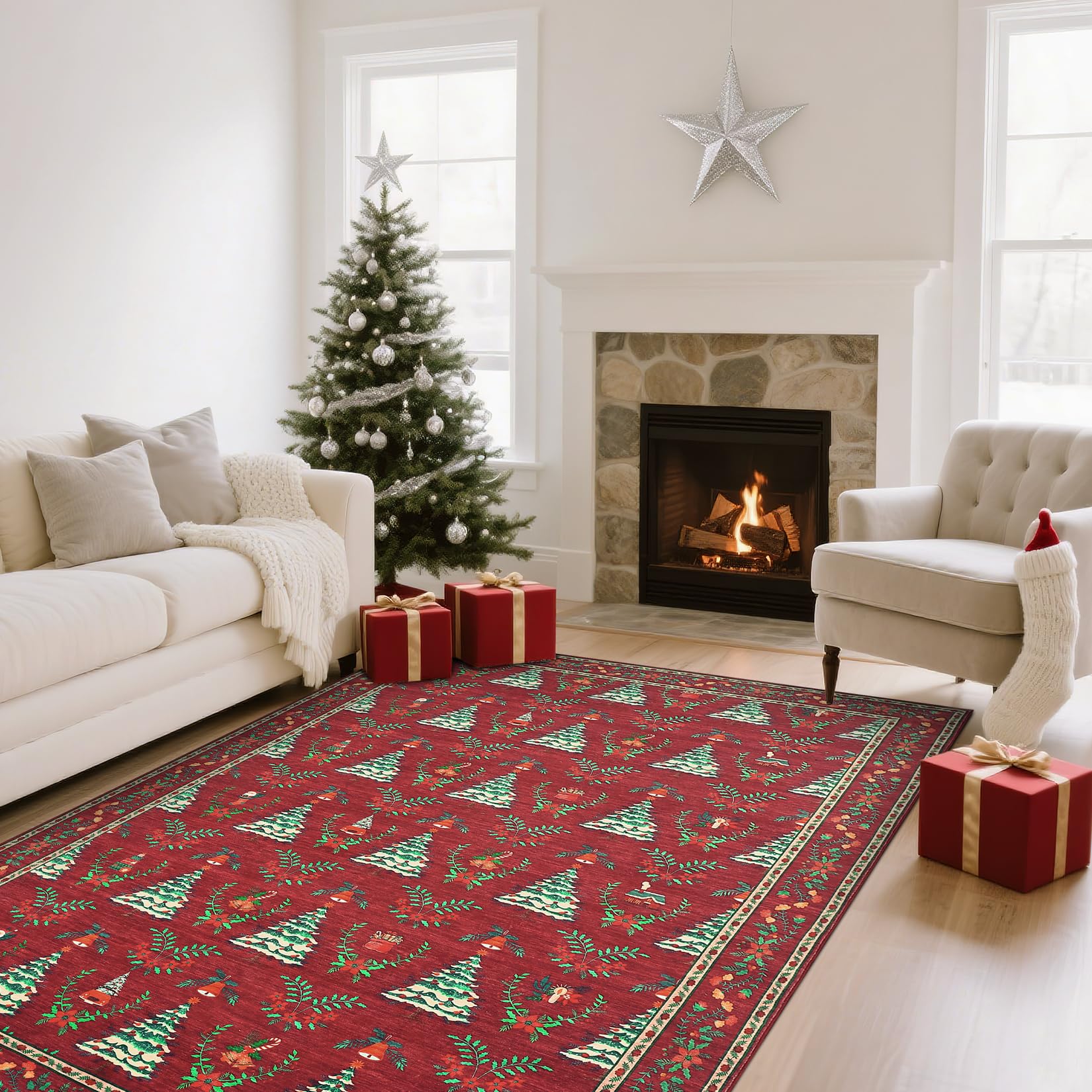 Garvee 4x6 Washable Christmas Rugs Low Pile Non Shedding Indoor Floor Mats Red Green