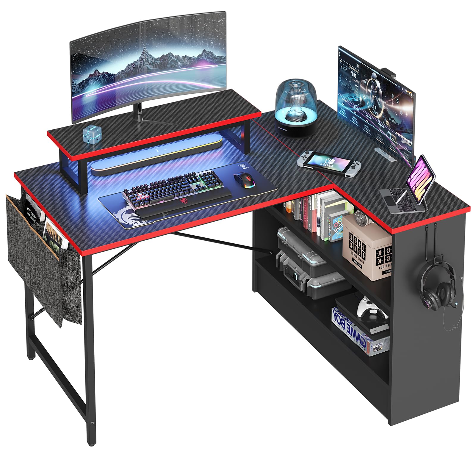 Bestier L Shaped Gaming Desk with Storage Shelves, 42 Inch Reversible Corner Computer Desk with LED Lights, PC Gaming Table with Side Storage Bag & Mo