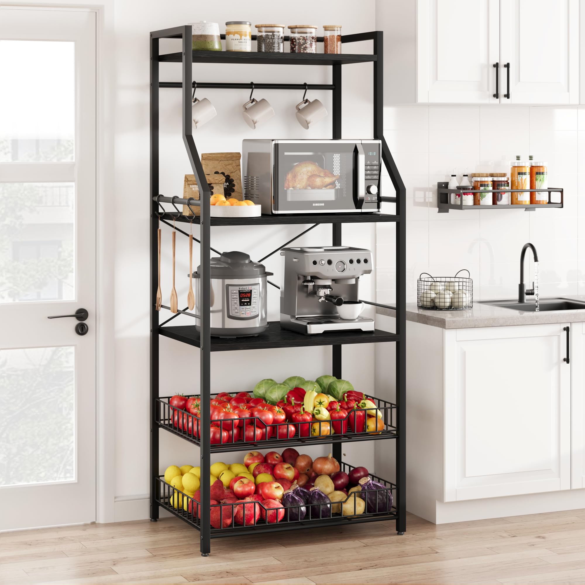 Garvee Kitchen Bakers Rack, Microwave Oven Stand with 2 Large Wire Baskets, Industrial Coffee Bar Station, 5-Tier Kitchen Utility Storage Shelf with 8
