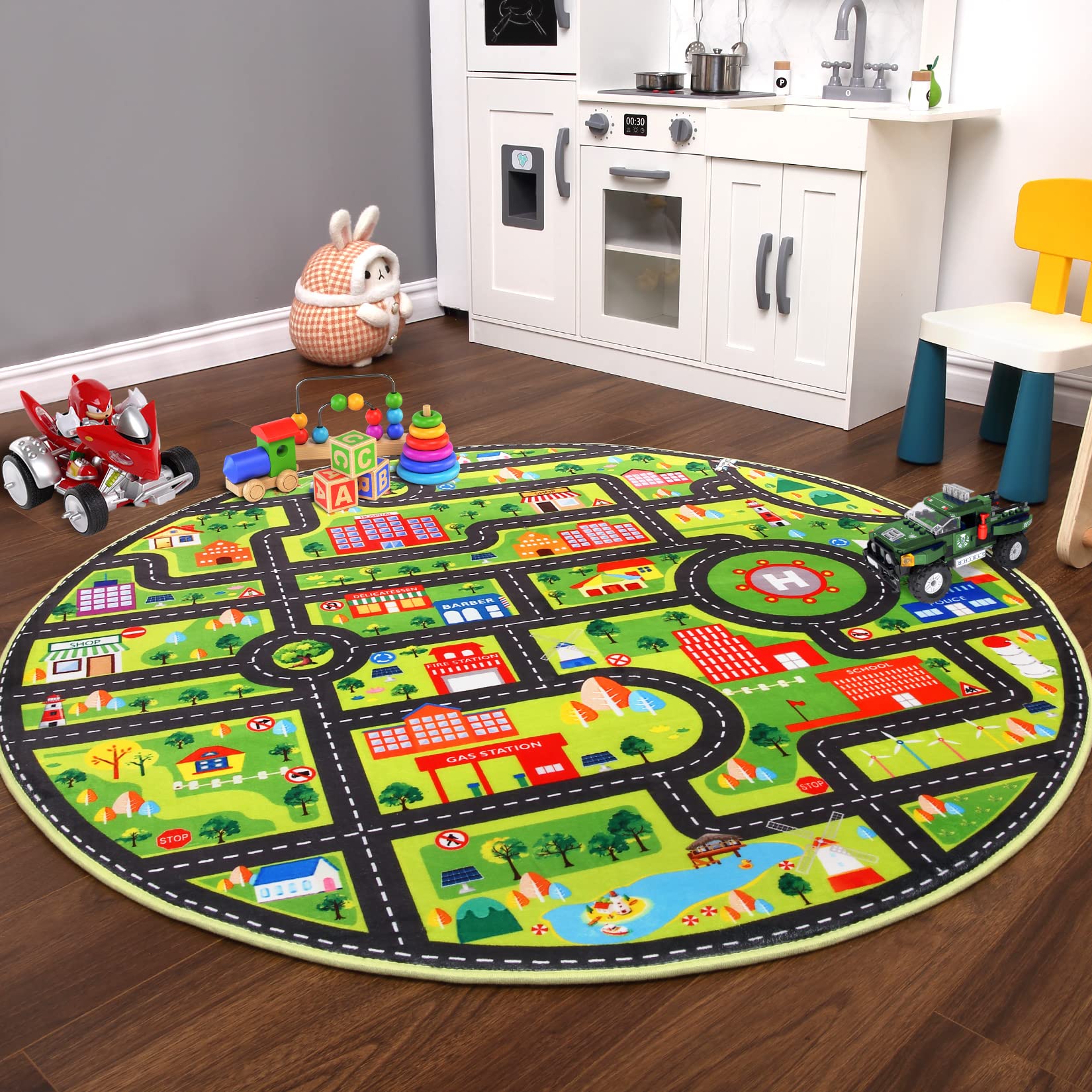 Garvee Kids Carpet 4-Round Kids Rug,Playroom Car Rug Play Mat,City Life Road Rug for Cars,Fun City Map for Track Toys,Carpet for Bedroom Boys