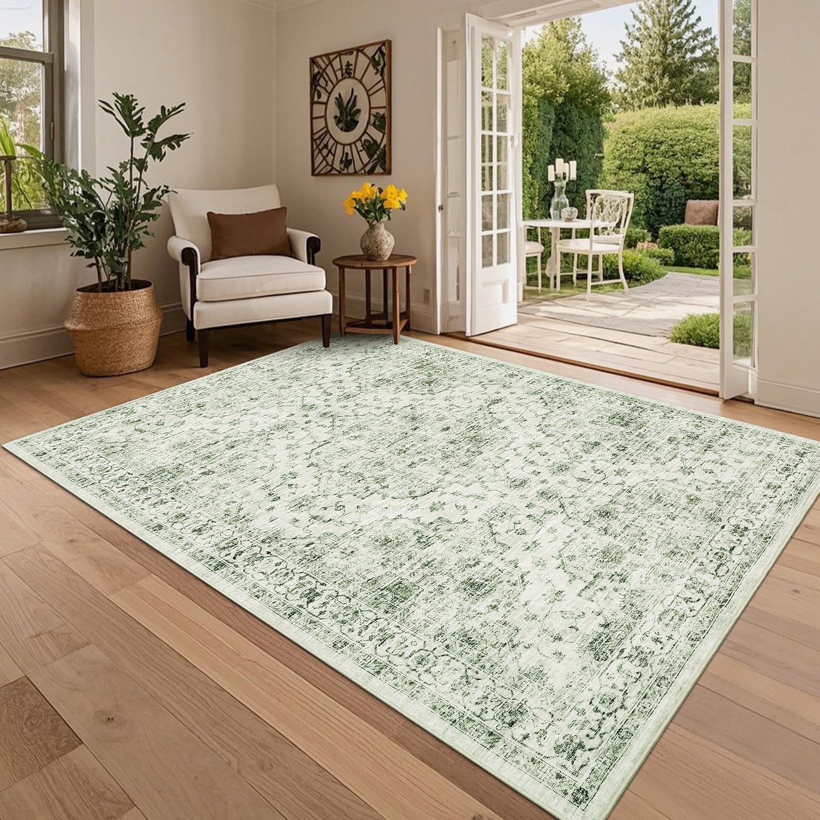 Garvee Large Area Rug 9x12 Vintage Floral Rug Green - Washable, Foldable, Non Slip, Soft Low Pile Carpet for Living Rooms & Bedrooms