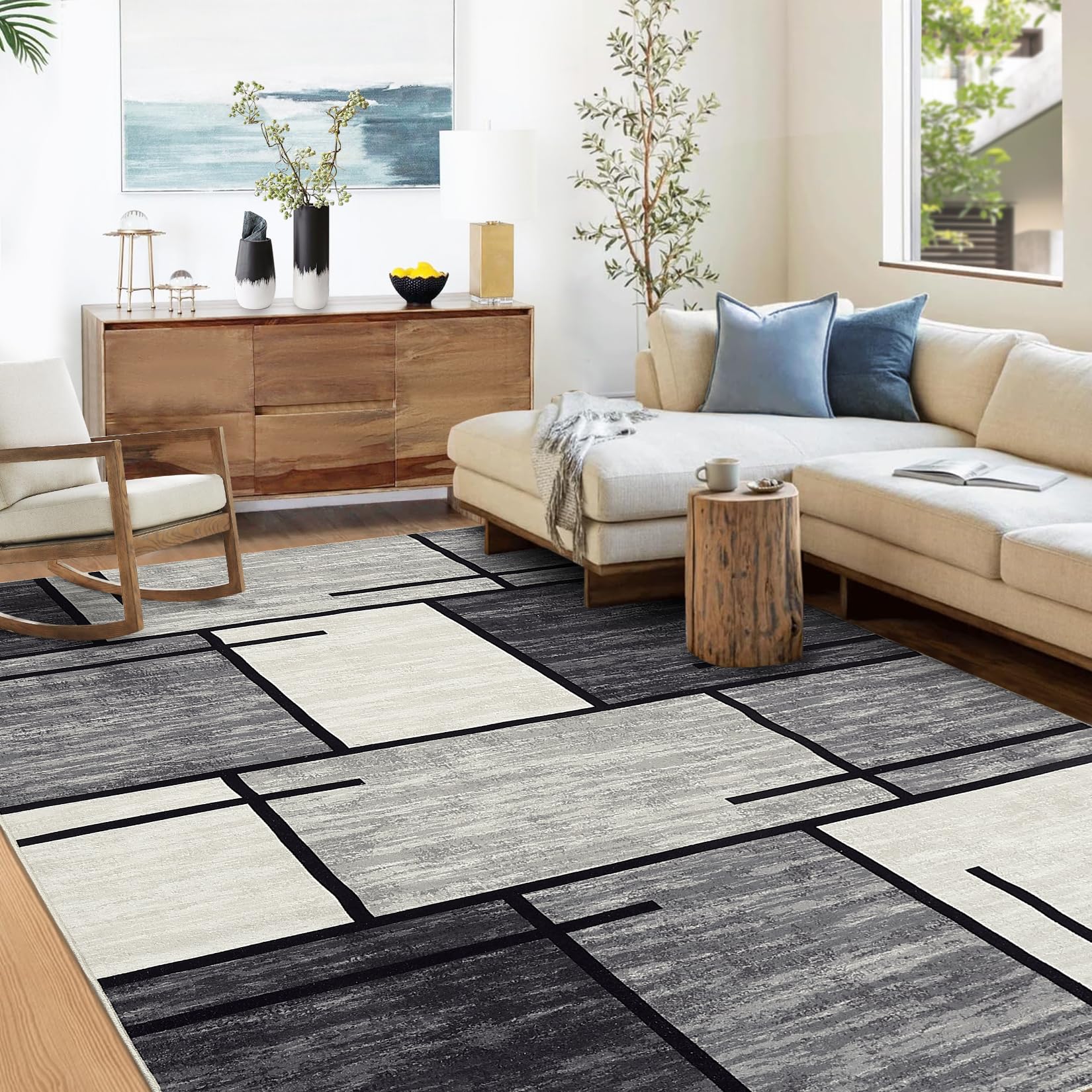 Garvee Geometric Grey 8x10 Washable Rugs, for Living Room Modern Geometric Rug Non Slip Grey Rectangle Rug Soft Floor Mats Large Area Rug Stain Resist
