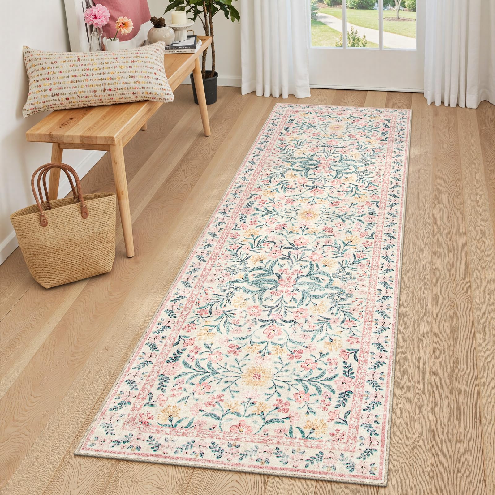 Lahome Boho Hallway Runner Rug 2x6,Floral Kitchen Runner Rugs Non Skid Washable,Super Soft Indoor Throw Carpet for Girls Bedroom Bedside Bathroom Laun