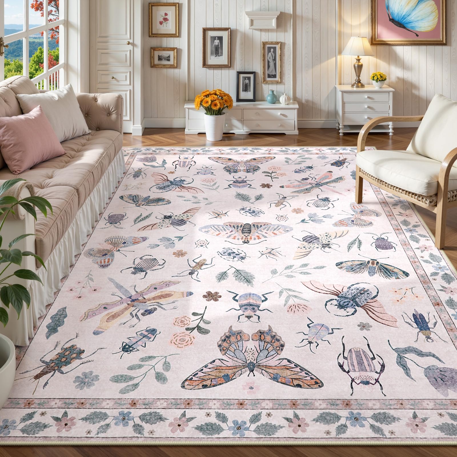 Lahome Insect Print Washable Rugs 8x10, Soft 8x10 Rugs for Living Room Dining Room Ultra-Thin, Non-Slip Modern Bedroom Rug Large Carpet Non-Shedding A