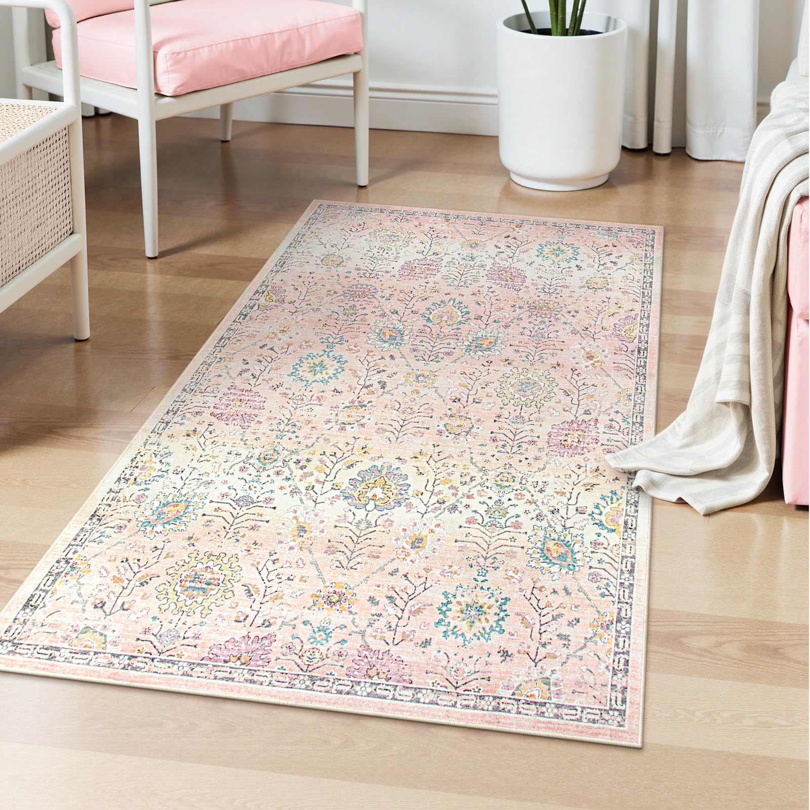 Lahome Light Pink Boho Rug, 3x5 Machine Washable Area Rugs for Dorm Girls, Soft Floral Small Nursery Pastel Mat, Pink Carpet for Bedroom Kids Room 3'