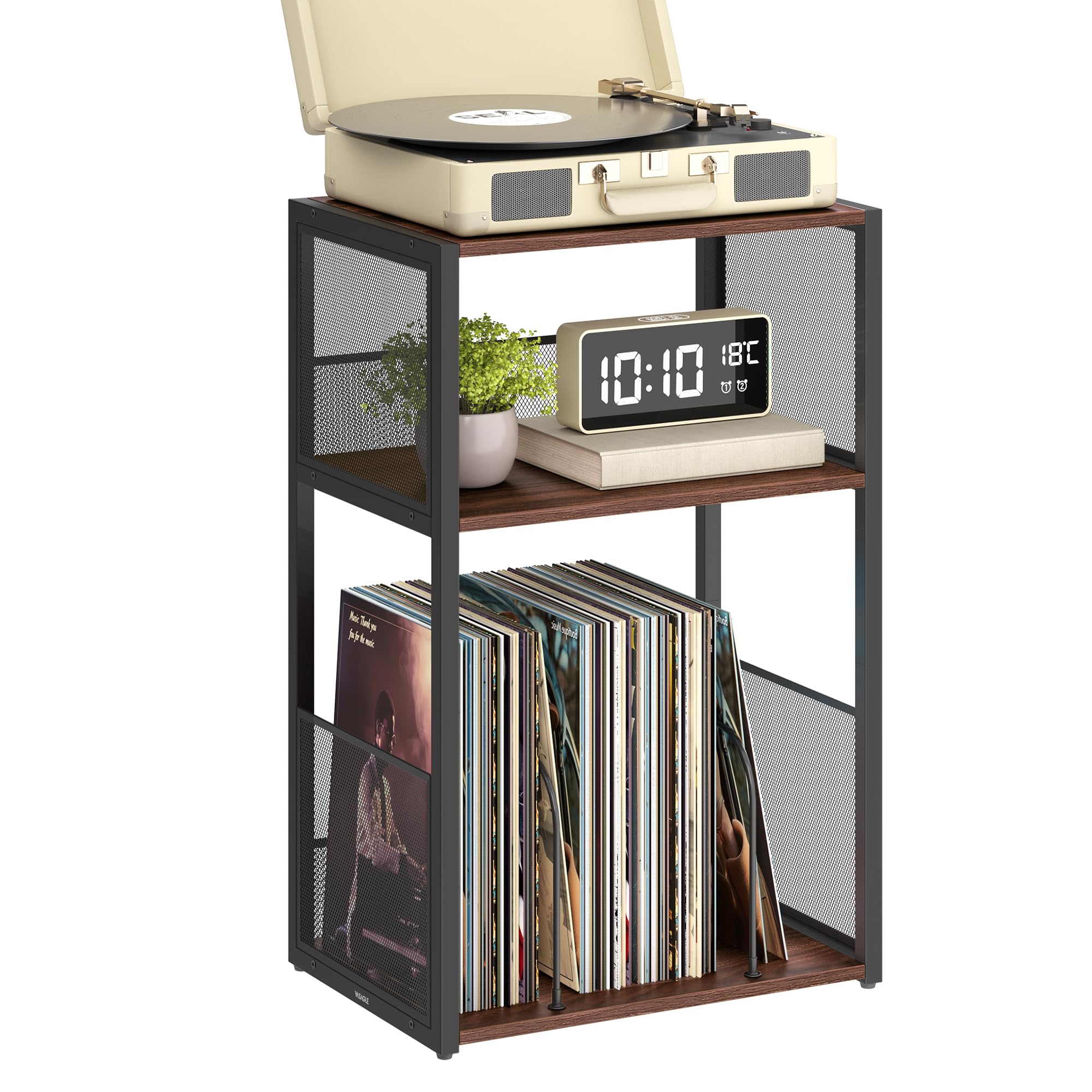 VASAGLE Record Player Stand, 3-Tier Side Table, Vinyl Record Storage up to 100 Albums, End Table for Living Room, Bedroom, Natural Walnut ULET275K02 N