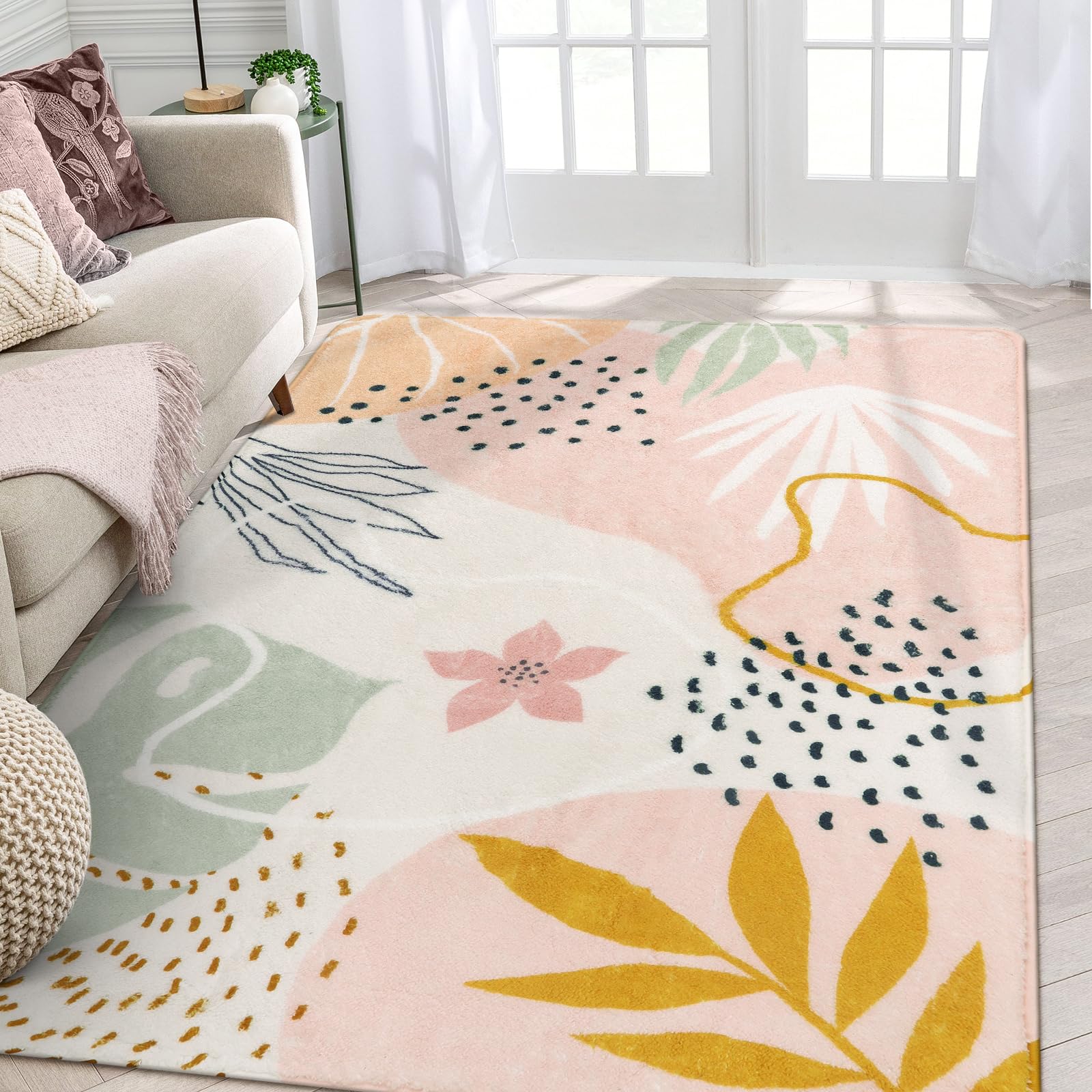 Lahome Pink Rug for Living Room - 5x7 Area Rug Washable Non-Slip Boho Rugs for Bedroom Throw Cute Soft Kids Nursery Rug, Abstract Botanical Print Carp