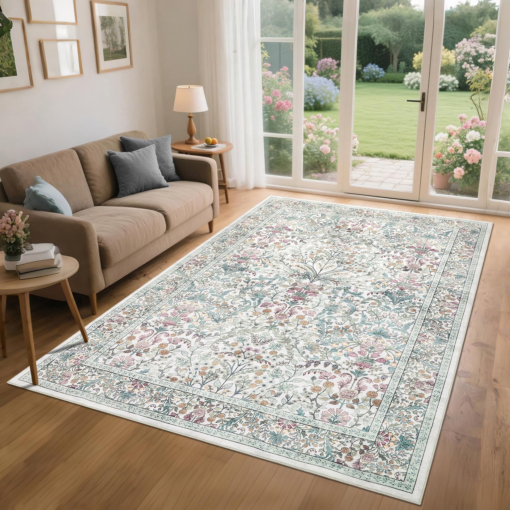 Garvee Farmhouse Floral Rug 5x7 Washable Non Slip Indoor Carpet Beige Low Pile Foldable