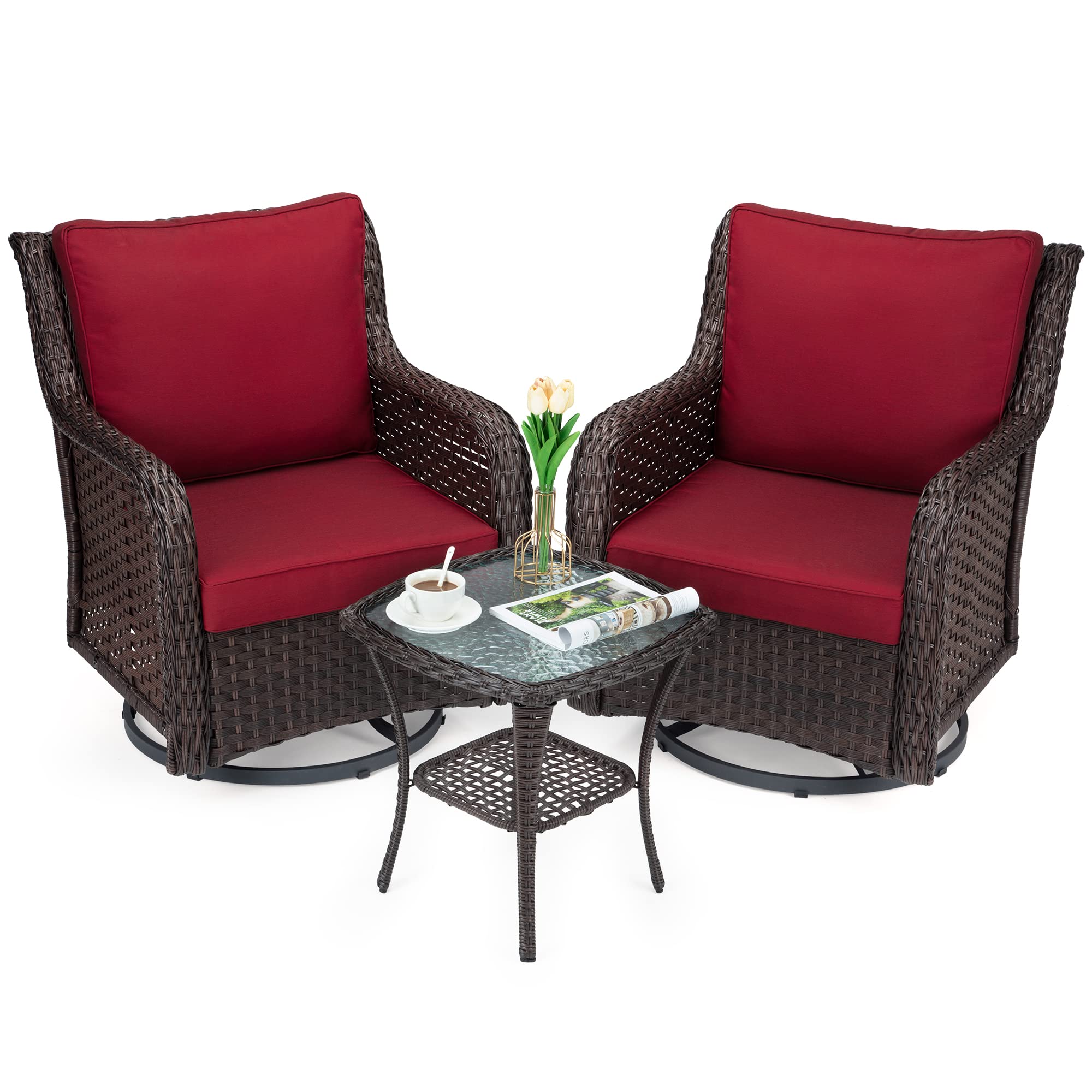 Garvee 3-Piece Outdoor Rattan Swivel Rocking Chair Set - Patio Bistro Furniture with Cushions & Table, Wicker Chairs in Red Encrypted Rattan