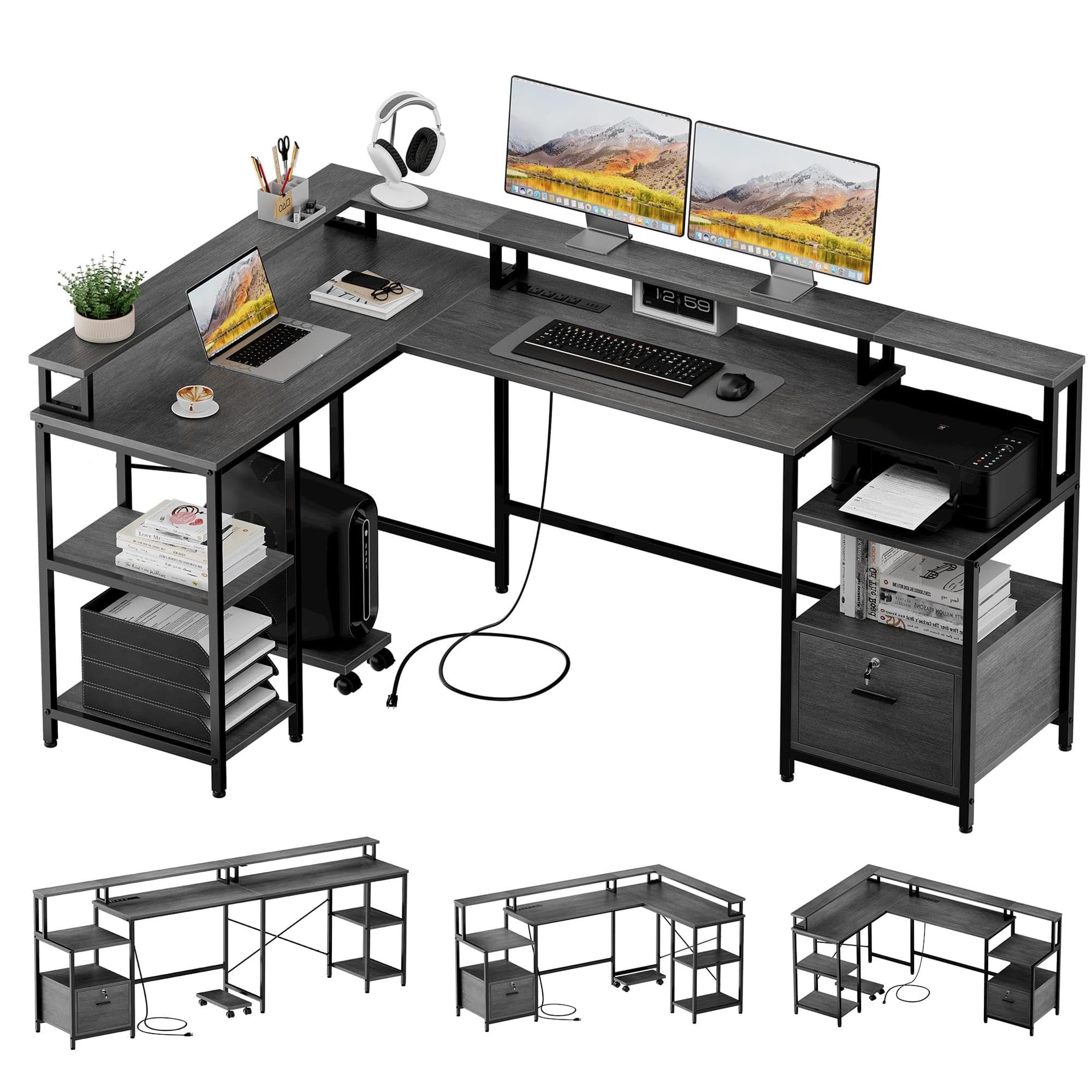 Garvee L Shaped Desk 76" Reversible L Shaped Computer Desk with File Drawer, Power Outlet, Monitor Shelf, Metal Frame, MDF Board, Grey Oak, Home Offic