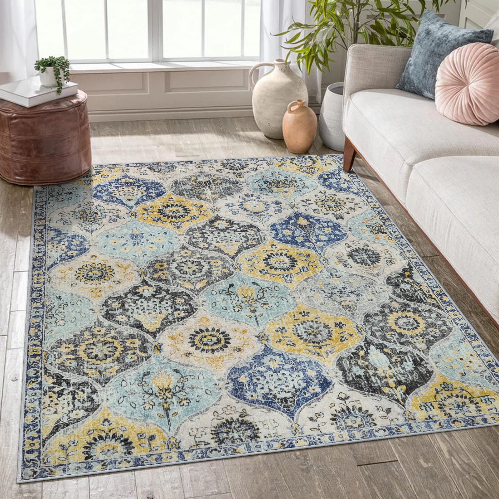 Lahome Moroccan Trellis Washable Area Rugs 5x7, 5x7 Area Rugs for Living Room Bedroom, Indoor Non-Slip Large Oriental Accent Throw Carpet for Kitchen