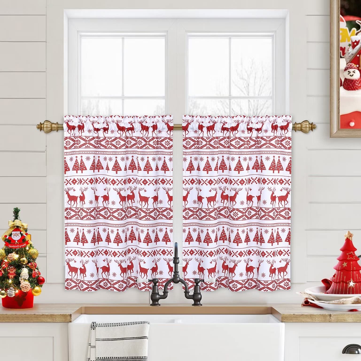 Garvee Christmas Short Curtains, Canvas White Snowflakes Christmas Tree Deer Tier Curtains Blackout Rod Pocket Drapes for Short Window Cafe Curtain Ti