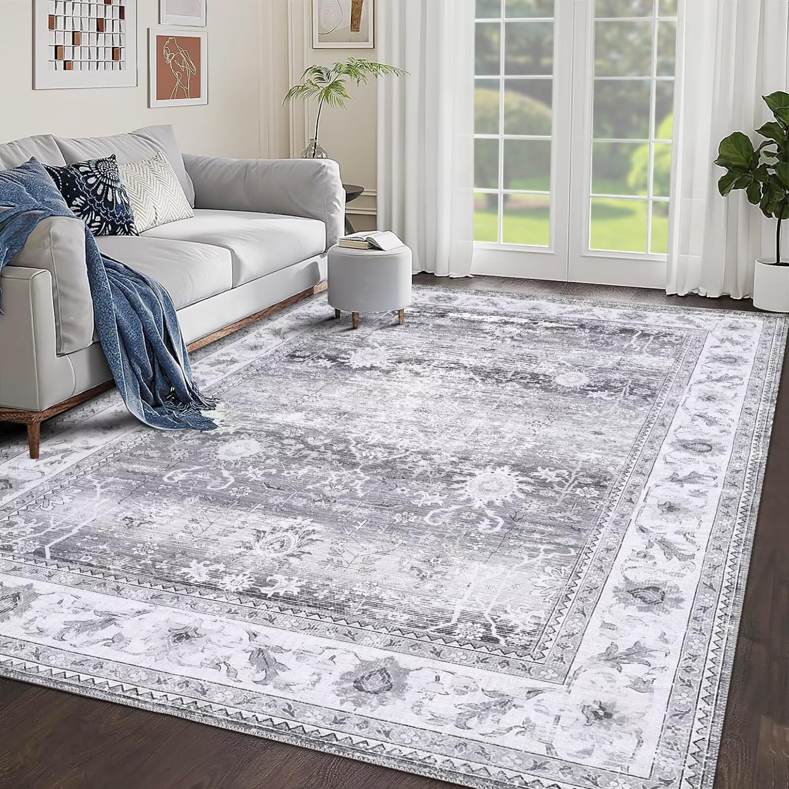 Garvee Washable Rug Area Rug 5x7 Traditional Carpet for Living Room, Bedroom Rug Indoor Floor Mats for Dining Room and Kitchen Boho Rug,Grey