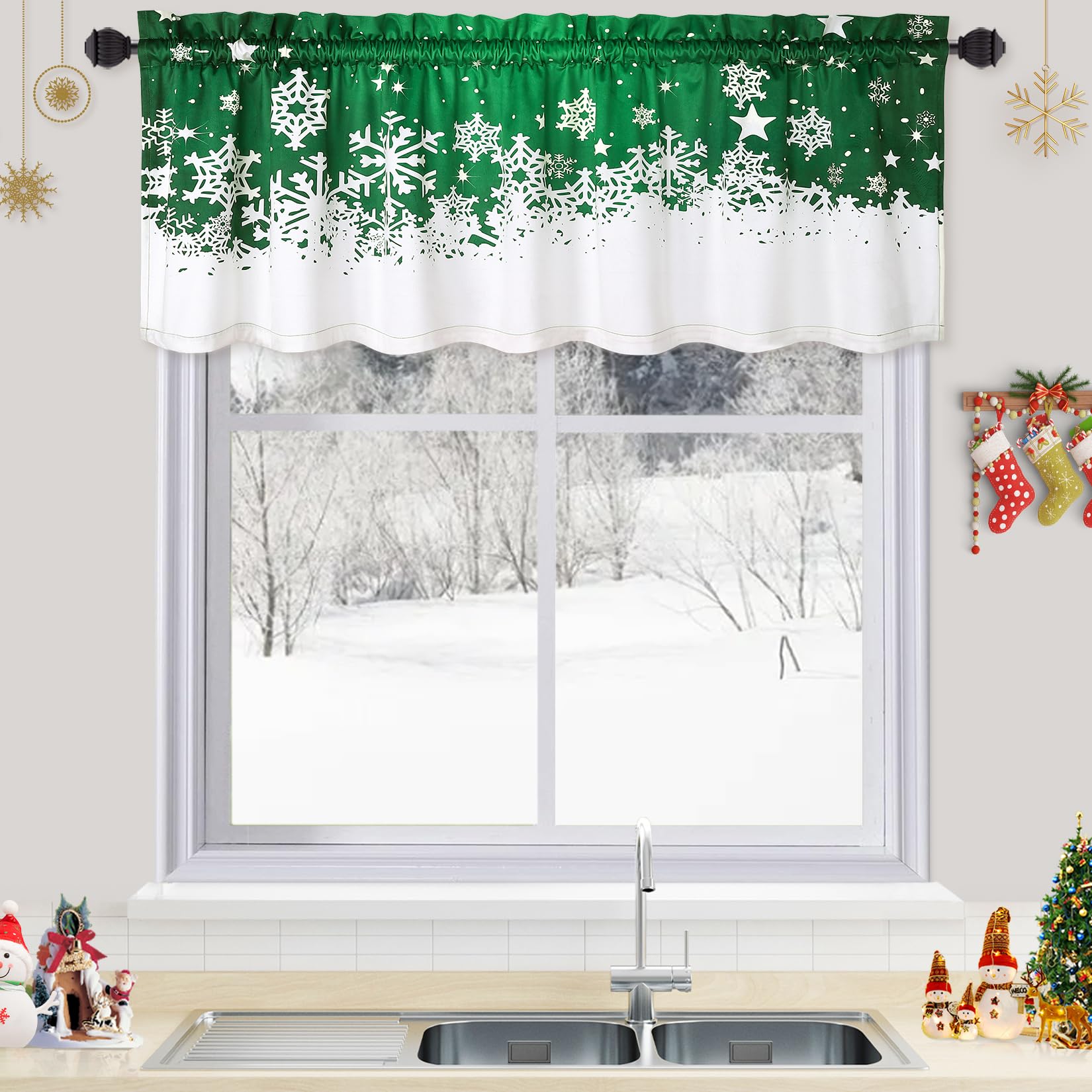 Garvee Christmas Kitchen Curtains Valance, Green Velvet Short Curtains for Windows, Floral Snowflake Decoration Cafe Curtains, Thermal Insulated Room 