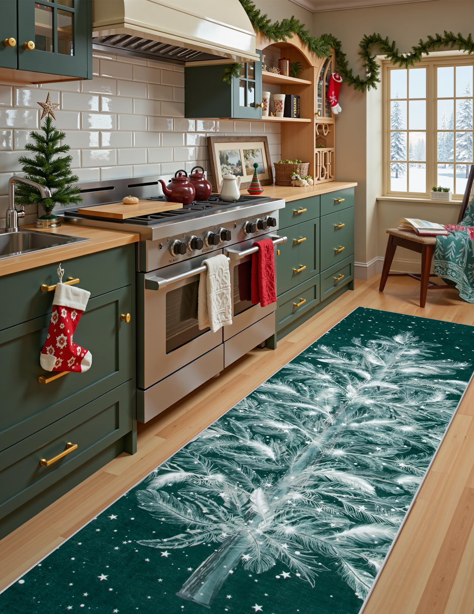 Lahome Christmas Green 2x6 Rug, Non-Slip Hallway Indoor Washable Stain Resistant Kitchen Rug, Christmas Tree Print Holiday Decor Ultra Thin for Bedroo