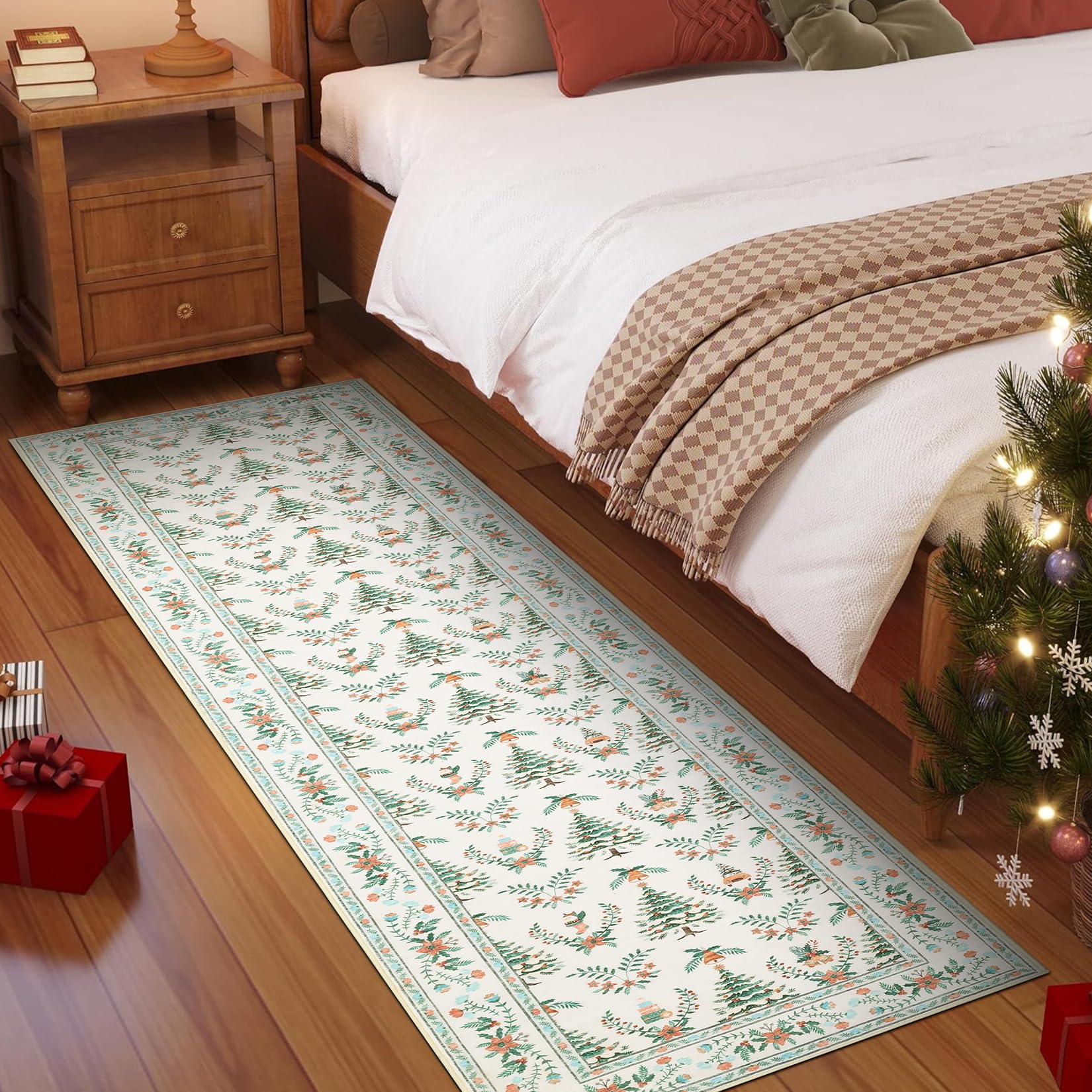 Garvee Christmas Tree Printed Floor Mat Indoor Non Slip Machine Washable 2x8ft Beige