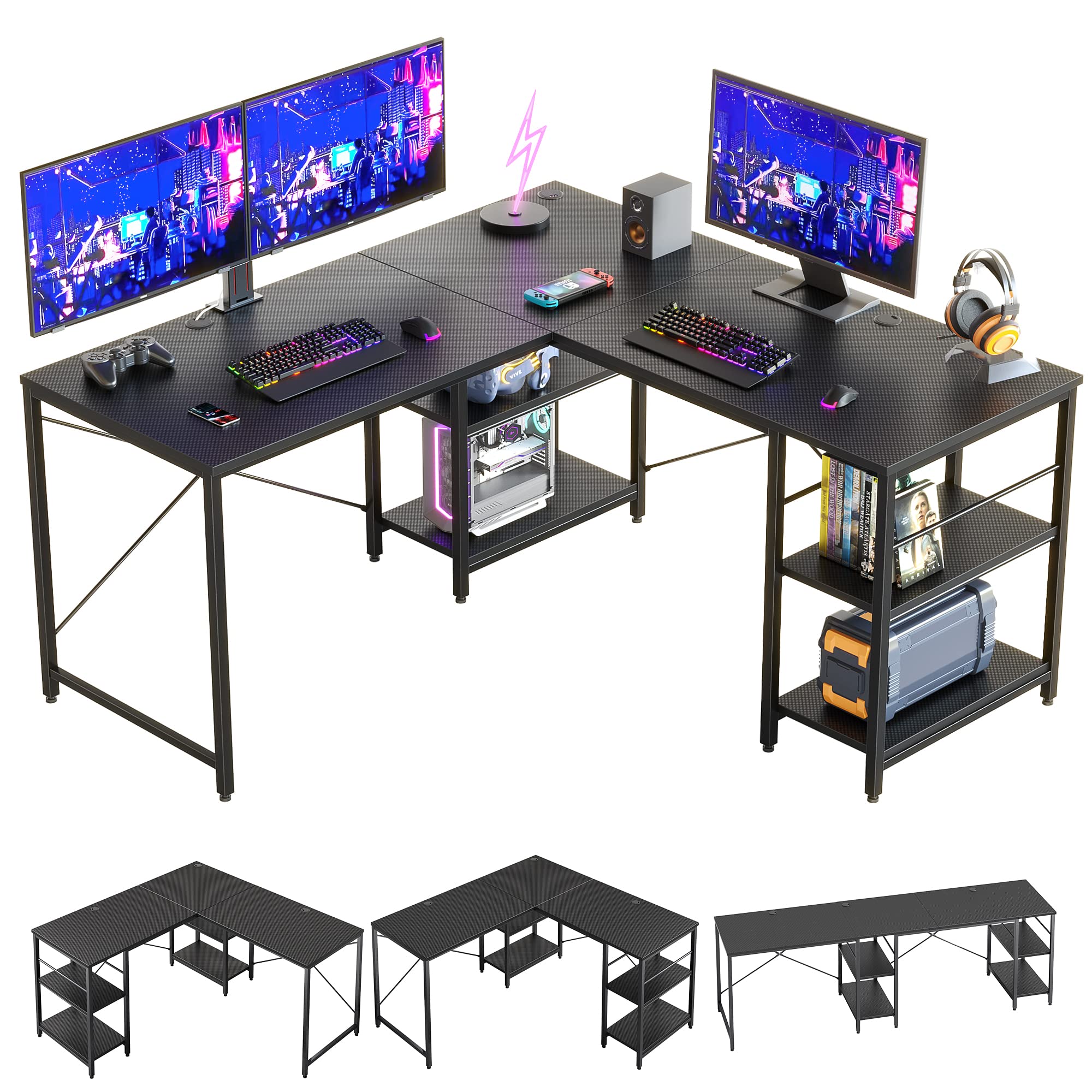 Bestier L Shaped Gaming Desk with Shelves, 95.2 Inch Reversible Corner Computer Desk or 2 Person Long Table for Home Office, Large Writing Workstation