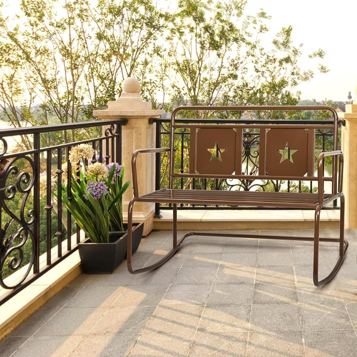 Garvee Outdoor Indoor Patio Rocking Chair，2-Person Patio Swing Iron Frame Rocking Chair with Star Design with 250LBS Support for Backyard (Charcoal, I