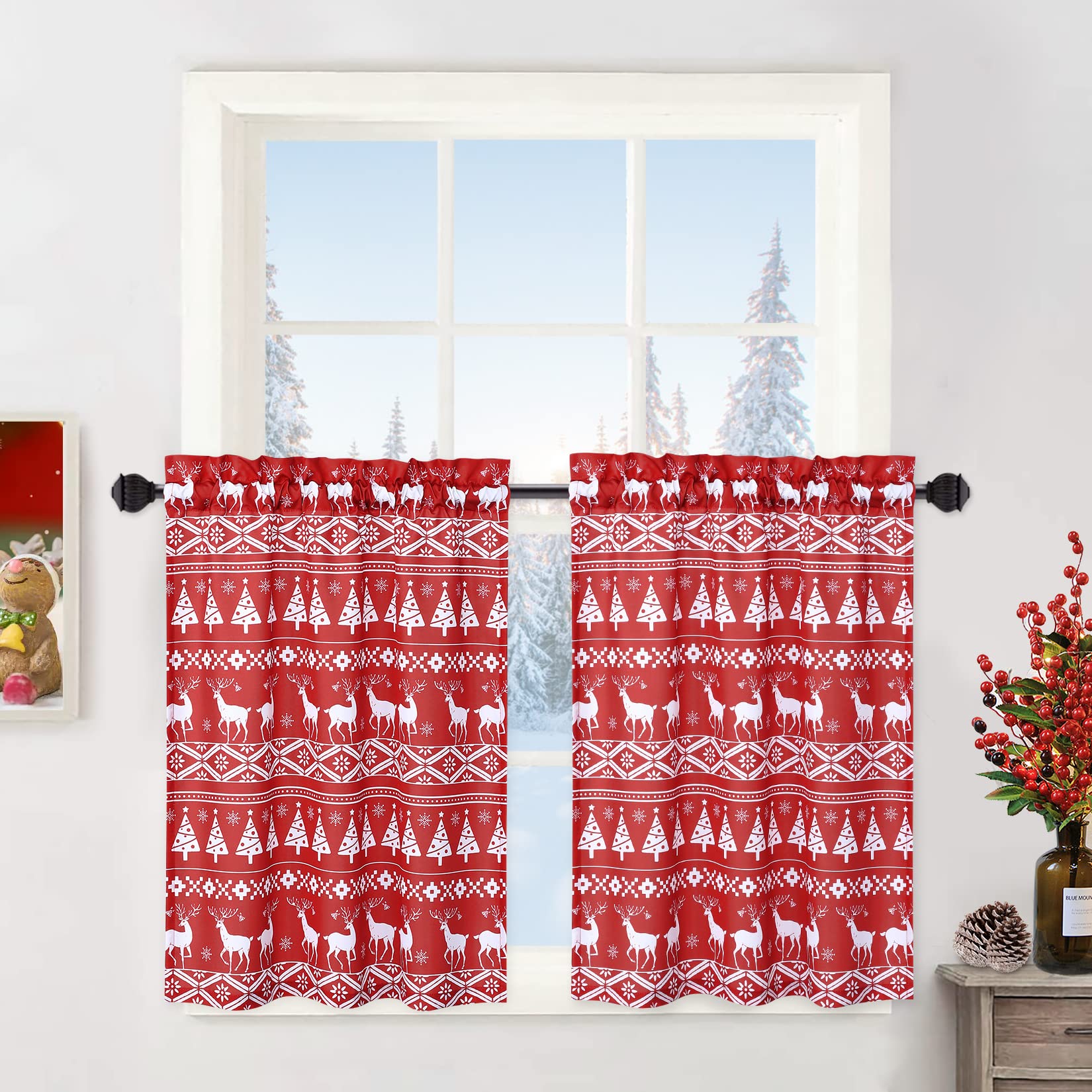 Garvee Boho Tier Curtains for Kitchen Window, Christmas Tree and Deer Pattern Bathroom Window Curtain, Xmas Decoration Window Treatment Decor Curtains