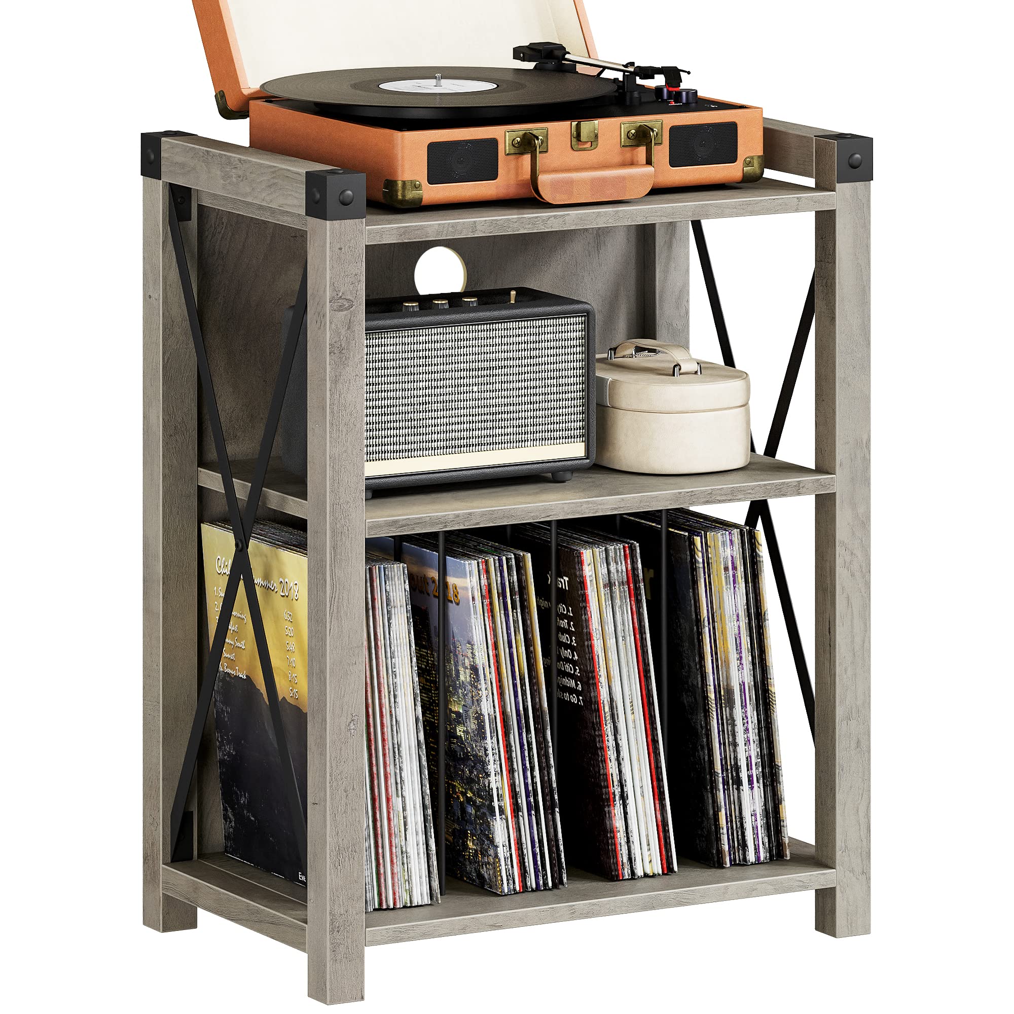 Garvee Record Player Stand with Storage, Farmhouse Wooden Turntable Stand with X Metal Frame, 3-Tier Rustic Record Player Side Table for Living Room, 